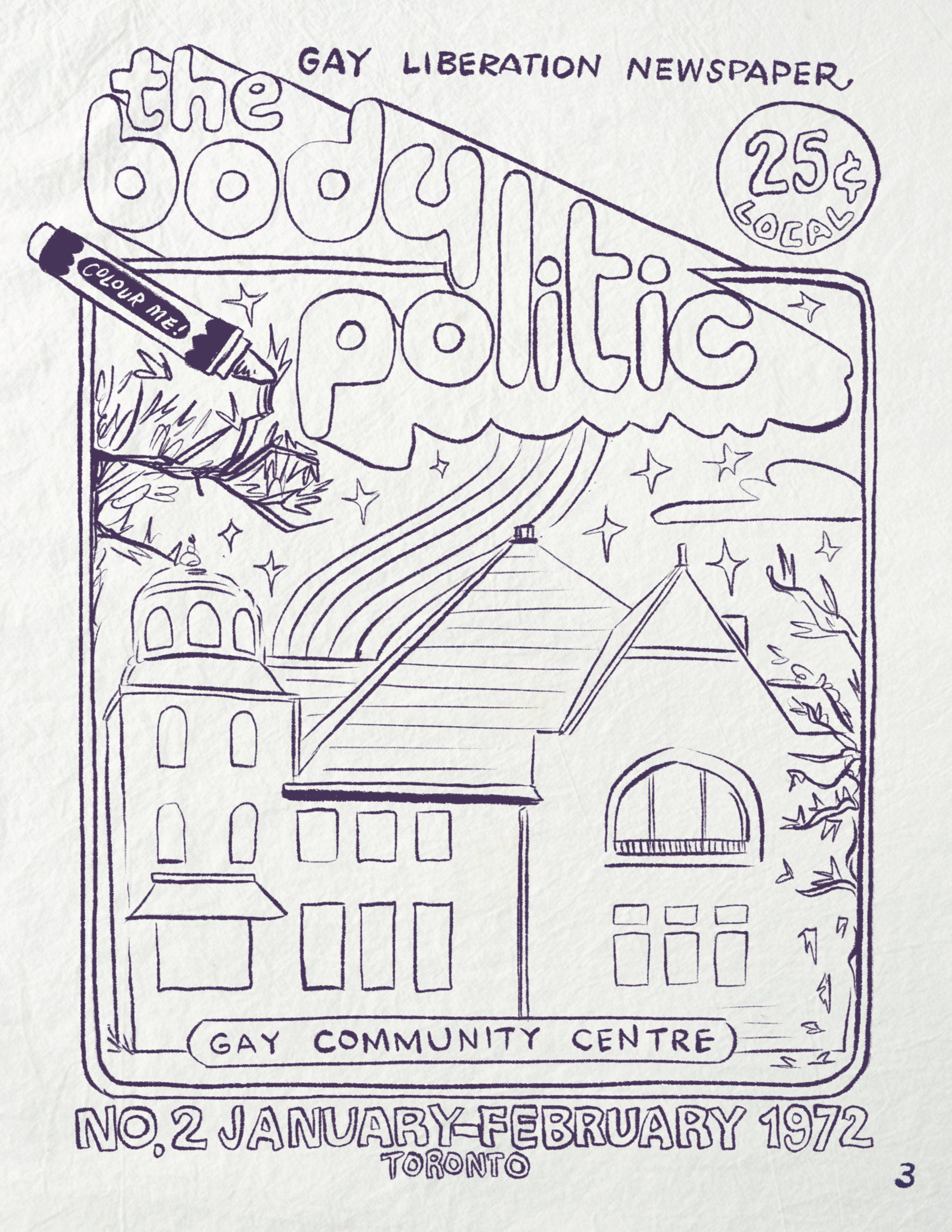 Colouring page for the second issue of The Body Politic, illustrating a Toronto Gay Community Centre