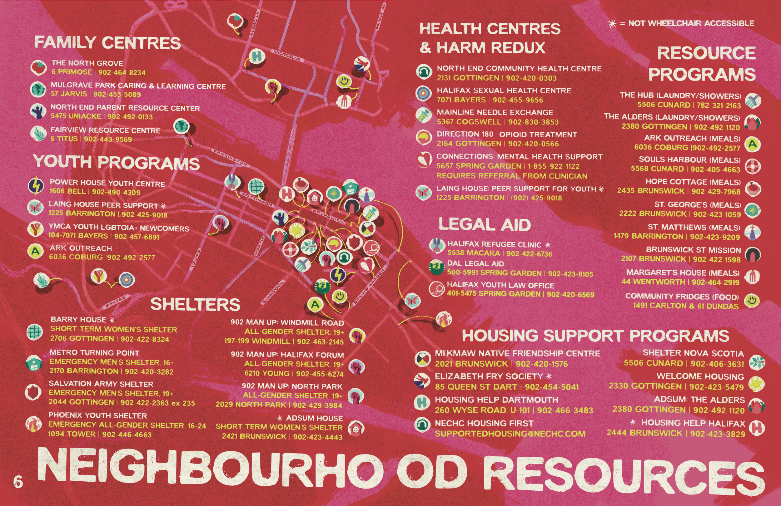 Illustrated map of central Halifax / Kjipuktuk showing the locations of different local resources. Find plain text version below!