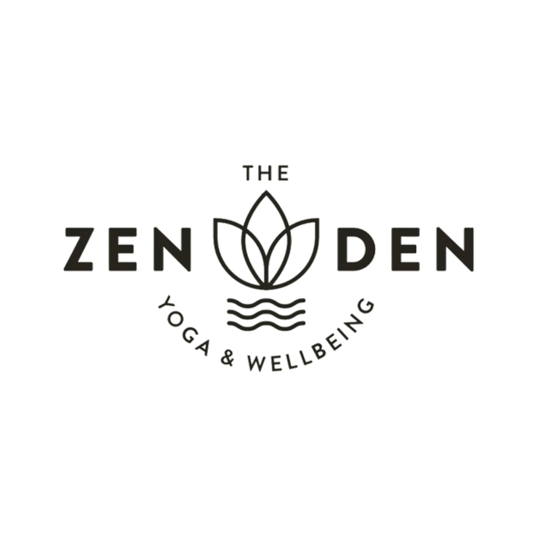 Logo of The Zen Den Yoga & Wellbeing featuring a stylized leaf and wave design with curved text.