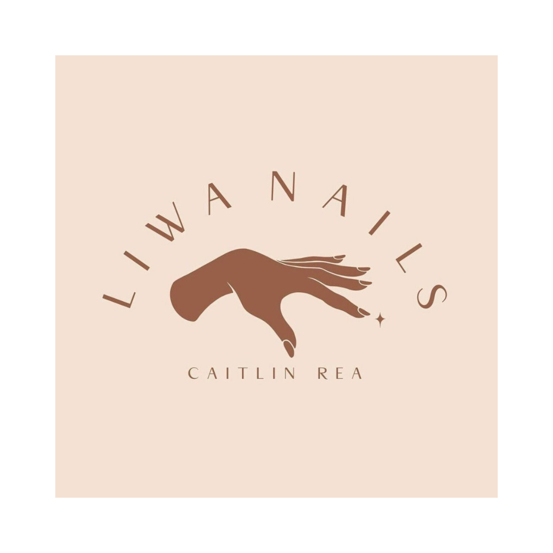 Logo for Liwa Nails featuring an illustrated hand with manicured nails, brown color theme, and the name Caitlin Rea.