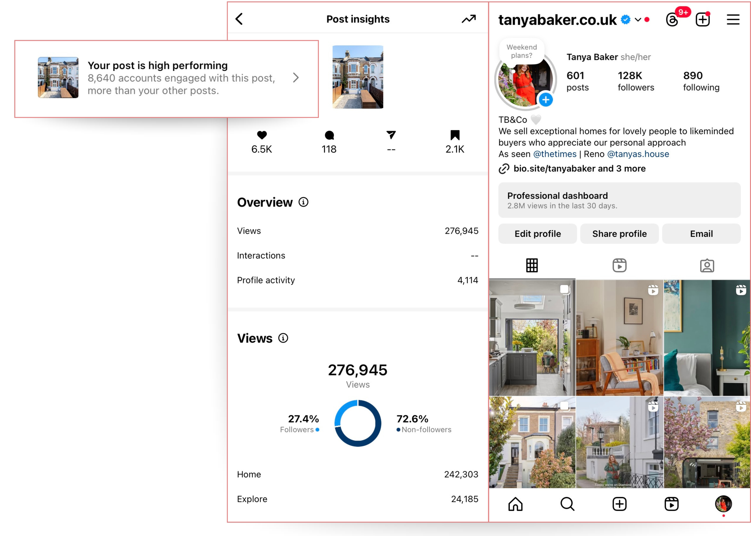 Screenshots of an Instagram profile page of Tanya Baker, a real estate agent, showing her profile picture, bio, post statistics, and a grid of interior and exterior house images.