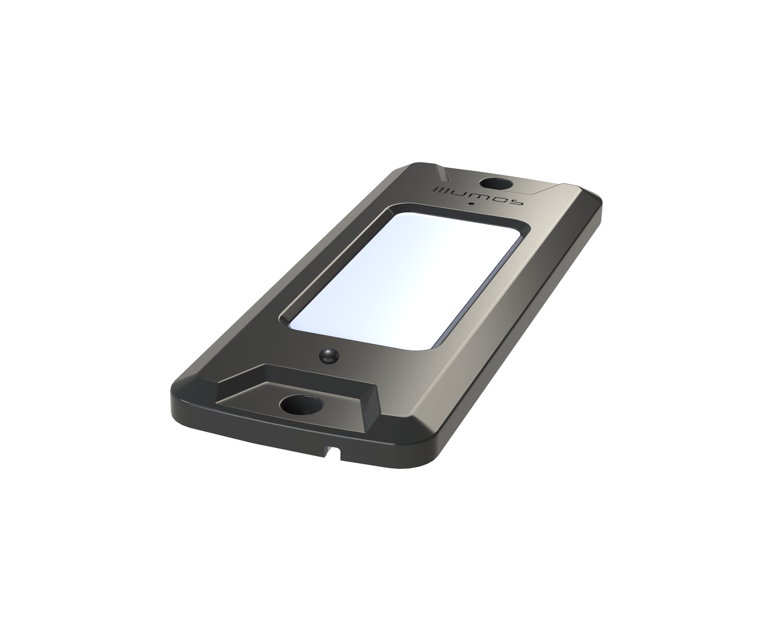 A handheld device with a large touchscreen, black and gray casing, and a small circular sensor beneath the screen.