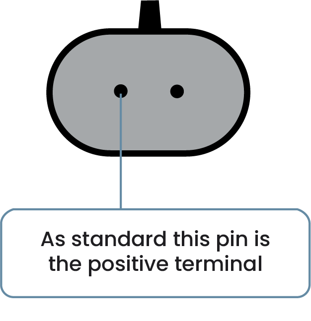 Diagram of a microchip with a label indicating the pin on the left side as the positive terminal, shown as a black dot connected by a line to a text box.