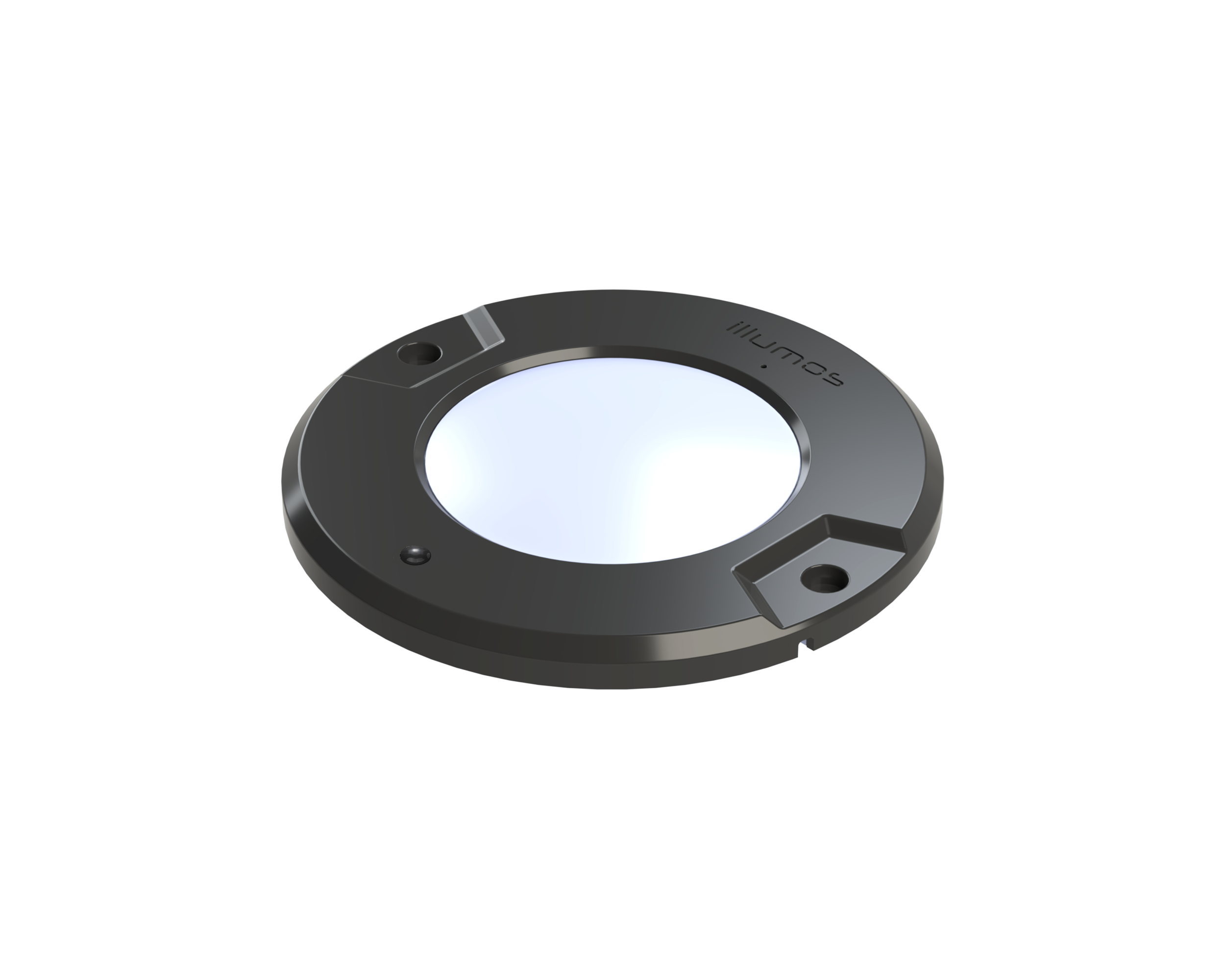 Close-up of a circular mounting ring for a camera or sensor, with a reflective central opening and two screw holes on a black background.