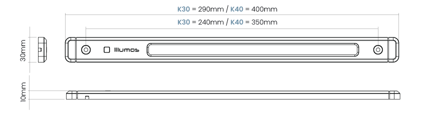 Diagram showing the dimensions of Kyrod, measurements in millimeters, including lengths of 30mm, 10mm, 290mm, 400mm, 240mm, and 350mm. The diagram appears to compare two different configurations with measurements for each.