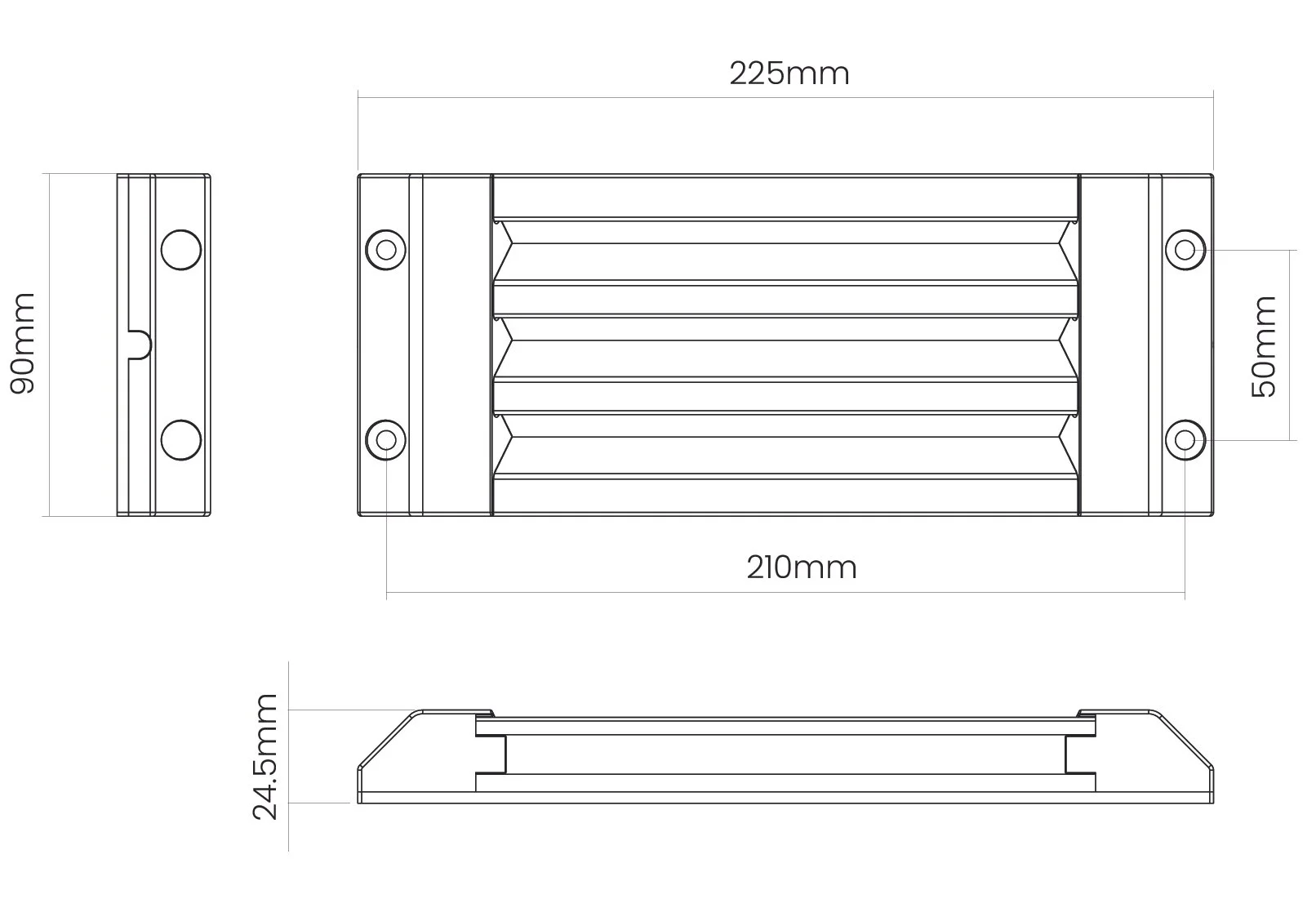 Technical drawing of a rectangular metal LED lighting fixture with dimensions 225mm by 90mm by 24.5mm, featuring heat sink fins and mounting holes.