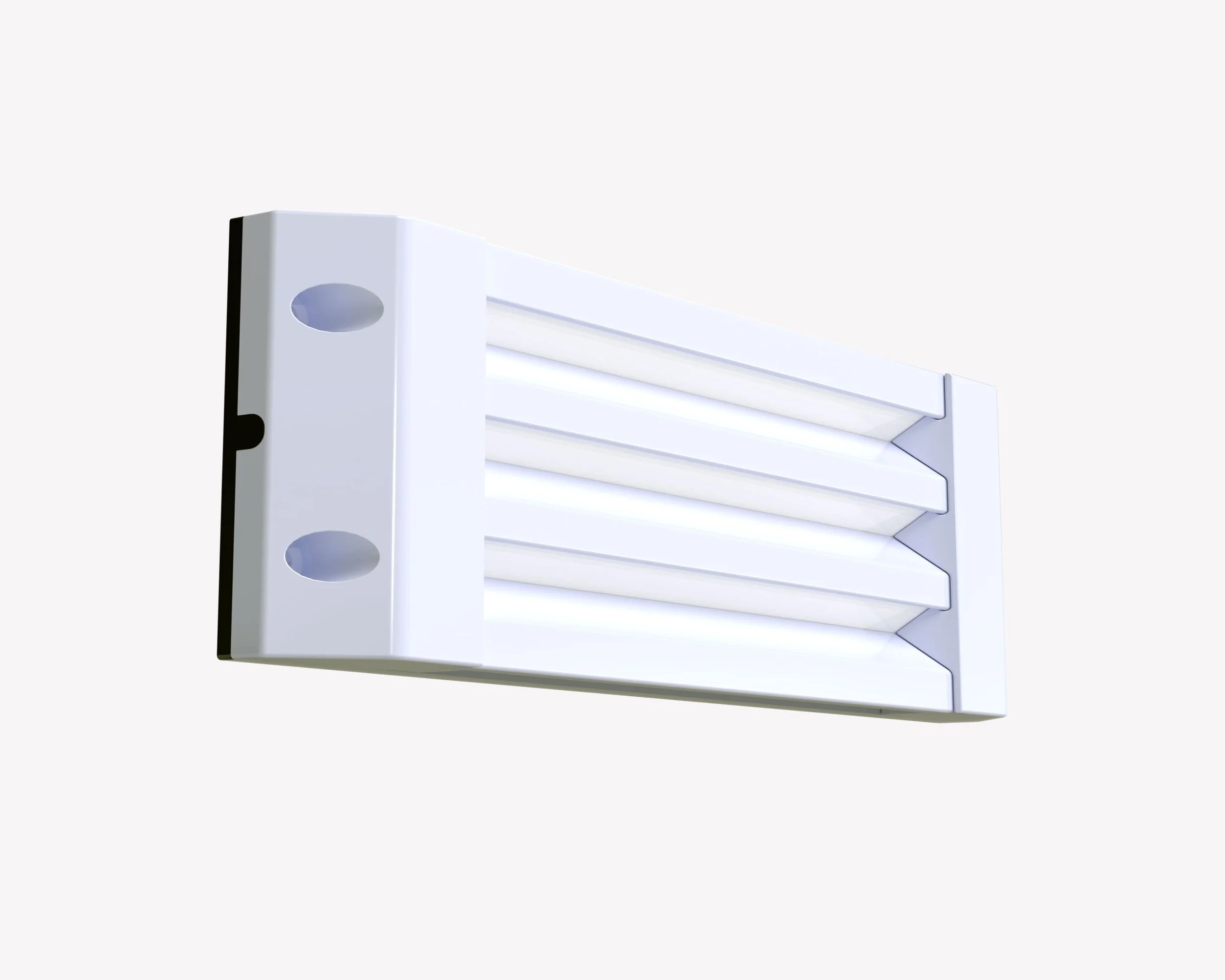 White fluorescent light fixture with four tubes, mounted on a plain white background.