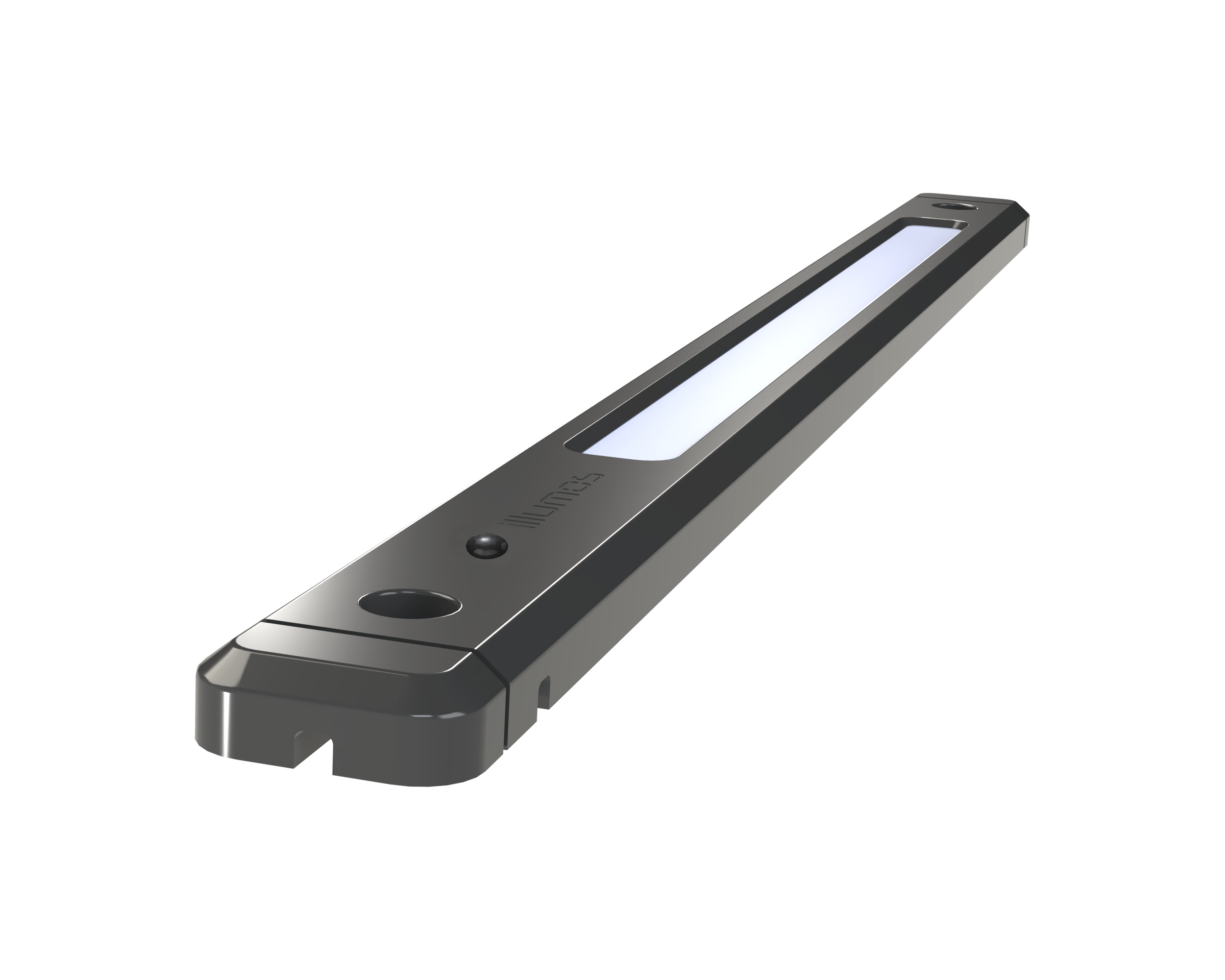 A black and white laser level tool with a long rectangular shape and a built-in LED light, resting on a white surface with a black background.