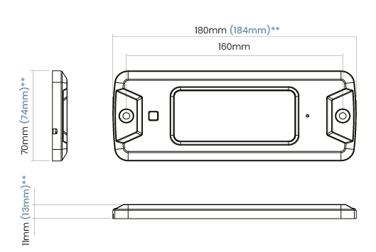 Technical drawing of the Zynex made by illumos Ltd with dimensions labeled in millimeters, showing top, side, and front views.
