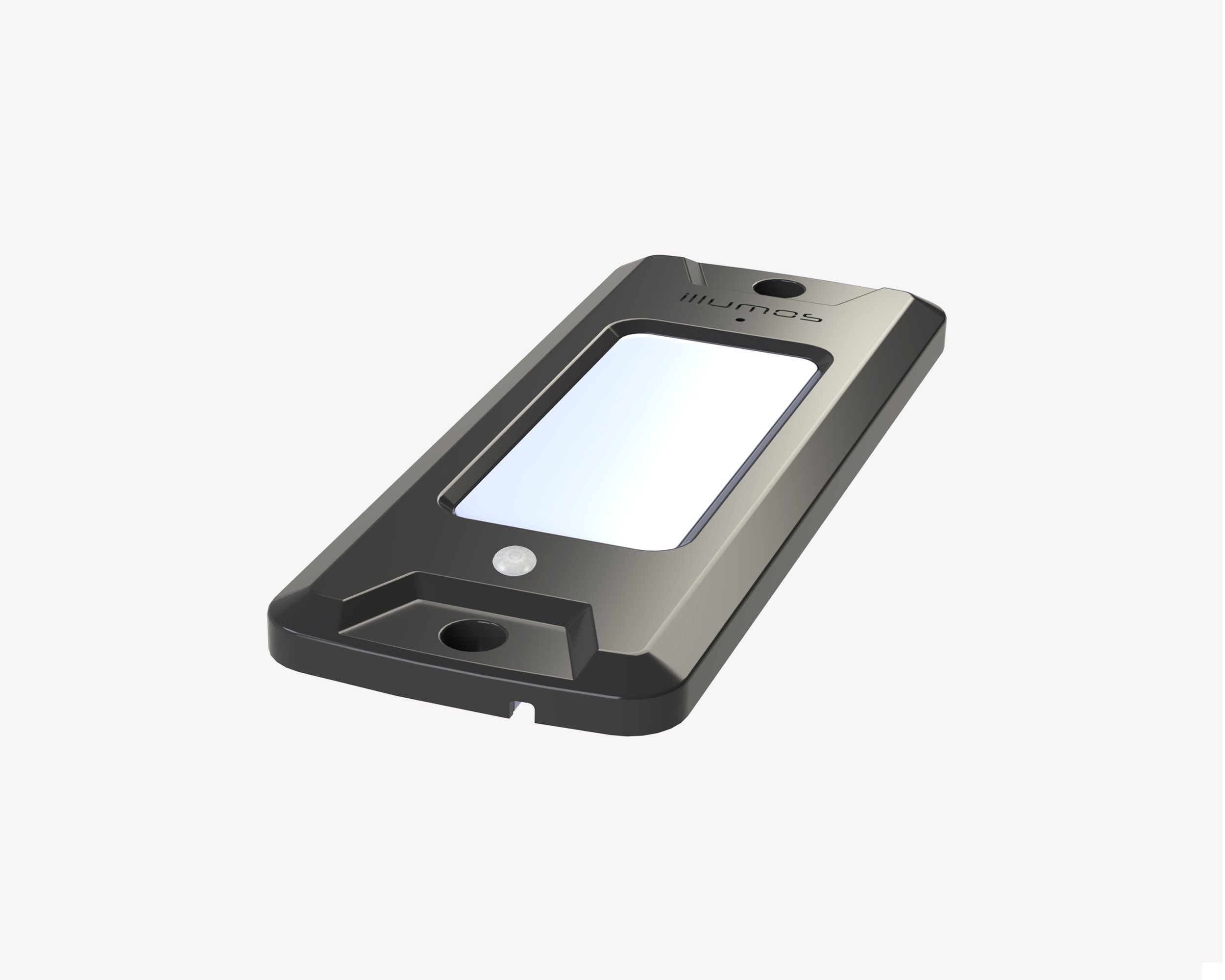 A black Zynex interior commercial vehicle light showing a touch switch option. A rugged, low profile surface-mounted light designed for versatile use in trucks and vans made by illumos Ltd.