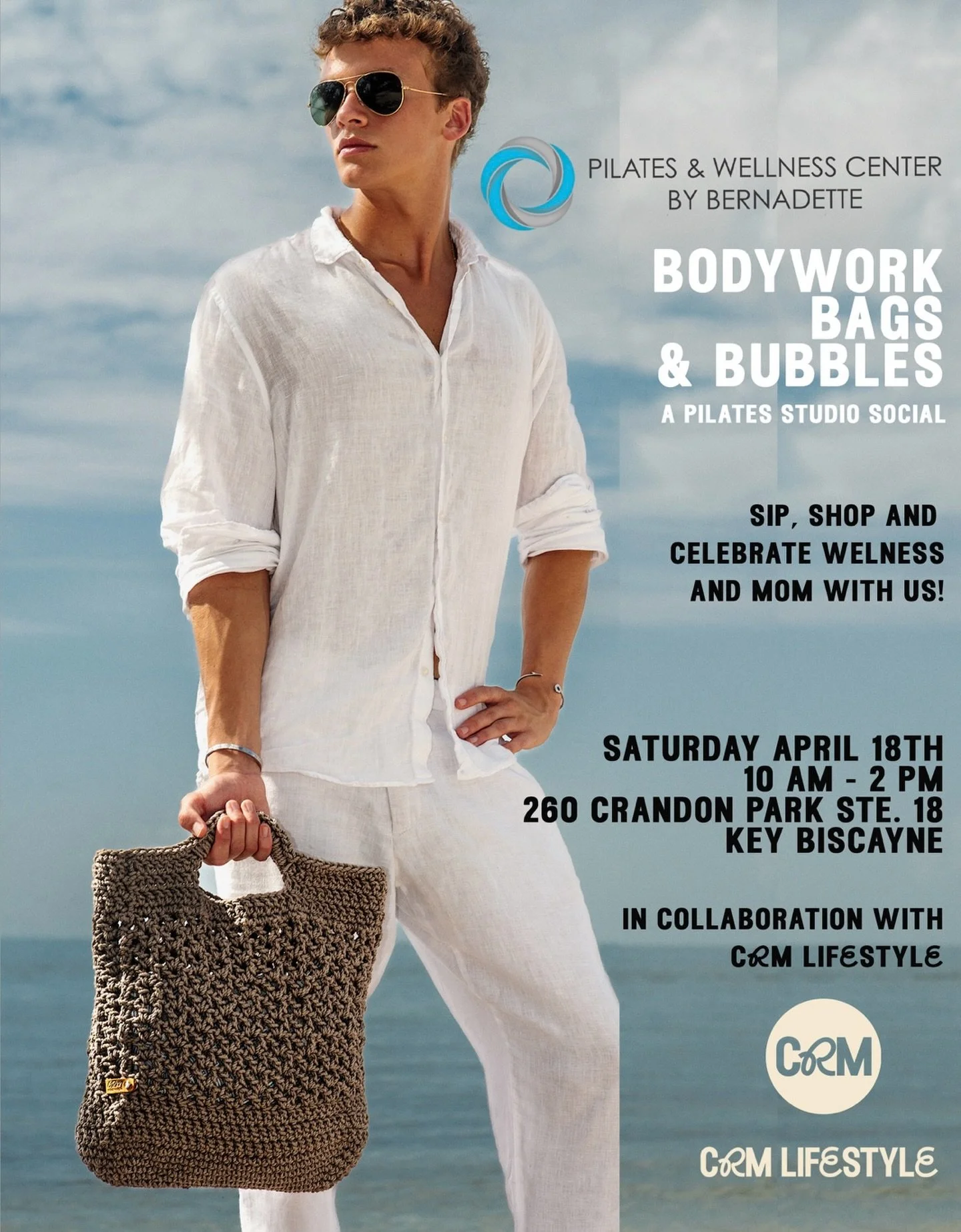 BODYWORK, BAGS &amp; BUBBLES: A Pilates Studio Social. This Saturday, April 18th , 10AM - 2PM 

Sip, shop, and celebrate wellness and mom with us.

🥂🥂* Bubbly + light bites

👜👜* Exclusive access to CRM Lifestyle&rsquo;s curated pieces 

🎁* Gift 