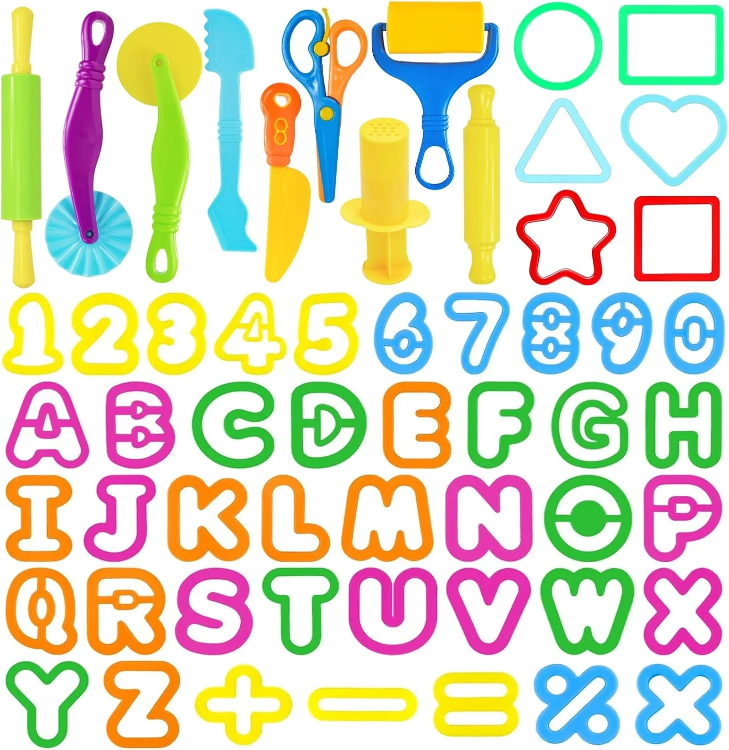 Colorful play dough tool set with rollers, cutters, and presses for fine motor development