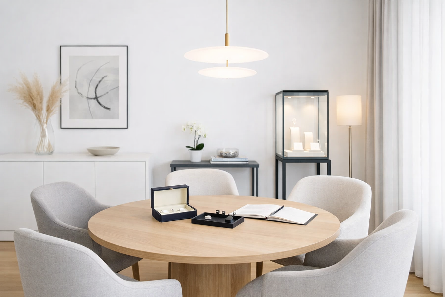 Ein heller, moderner Esszimmerraum mit einem runden Holztisch, sechs weißen Sesseln, einem Bücher und einer Schmuckschatulle auf dem Tisch. Im Hintergrund eine Glasvitrine, eine Stehlampe, ein sideboard mit Vase und Dekogegenständen, Wandbild und Vorhänge.