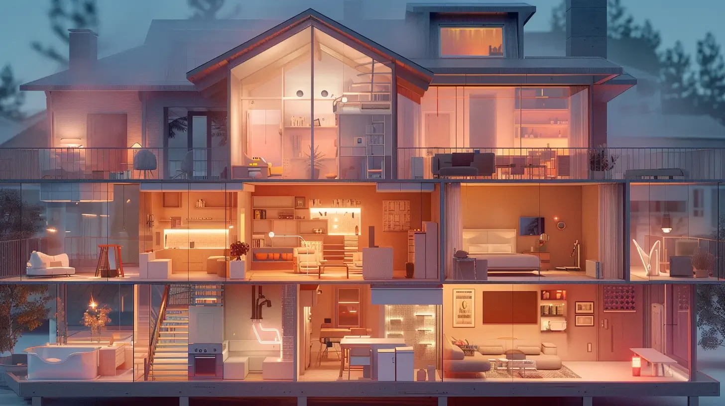 Cross-section view of a multi-story modern house showcasing various rooms including living areas, bedrooms, a kitchen, and a bathroom, illuminated with warm lighting.