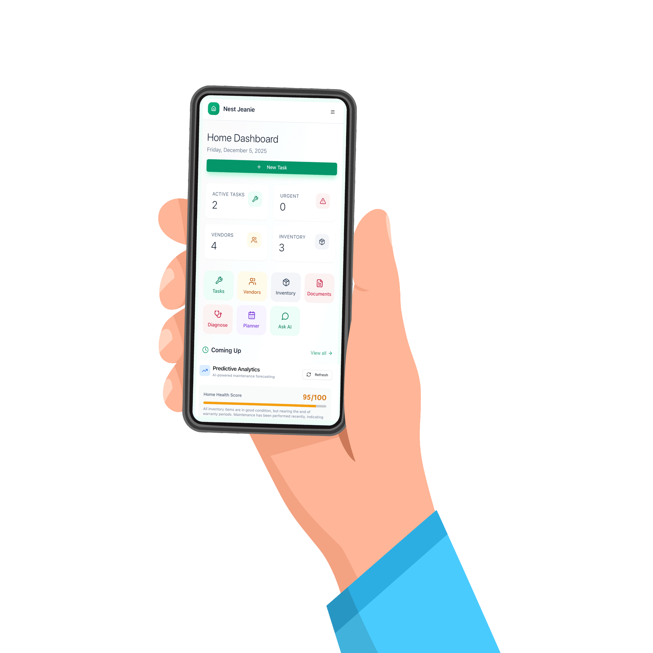 Hand holding a smartphone displaying a home dashboard app with task organization features and health score.