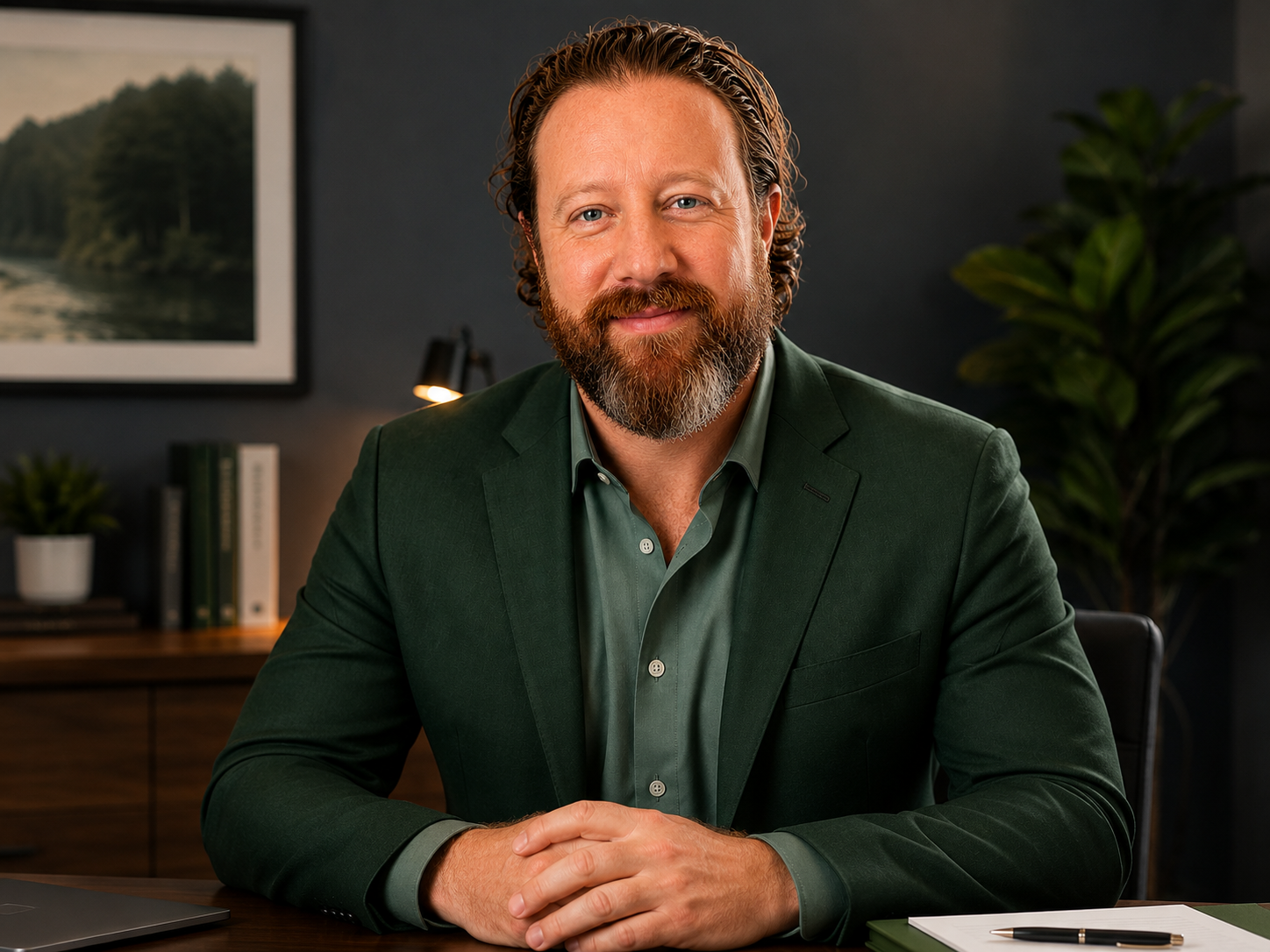 A middle-aged man with a beard and brown wavy hair, wearing a dark green suit jacket and a green button-up shirt, sitting at a desk in an office with a black wall, a framed landscape photo, a potted plant, a desk lamp, a closed laptop, some books, and a notepad with a pen.