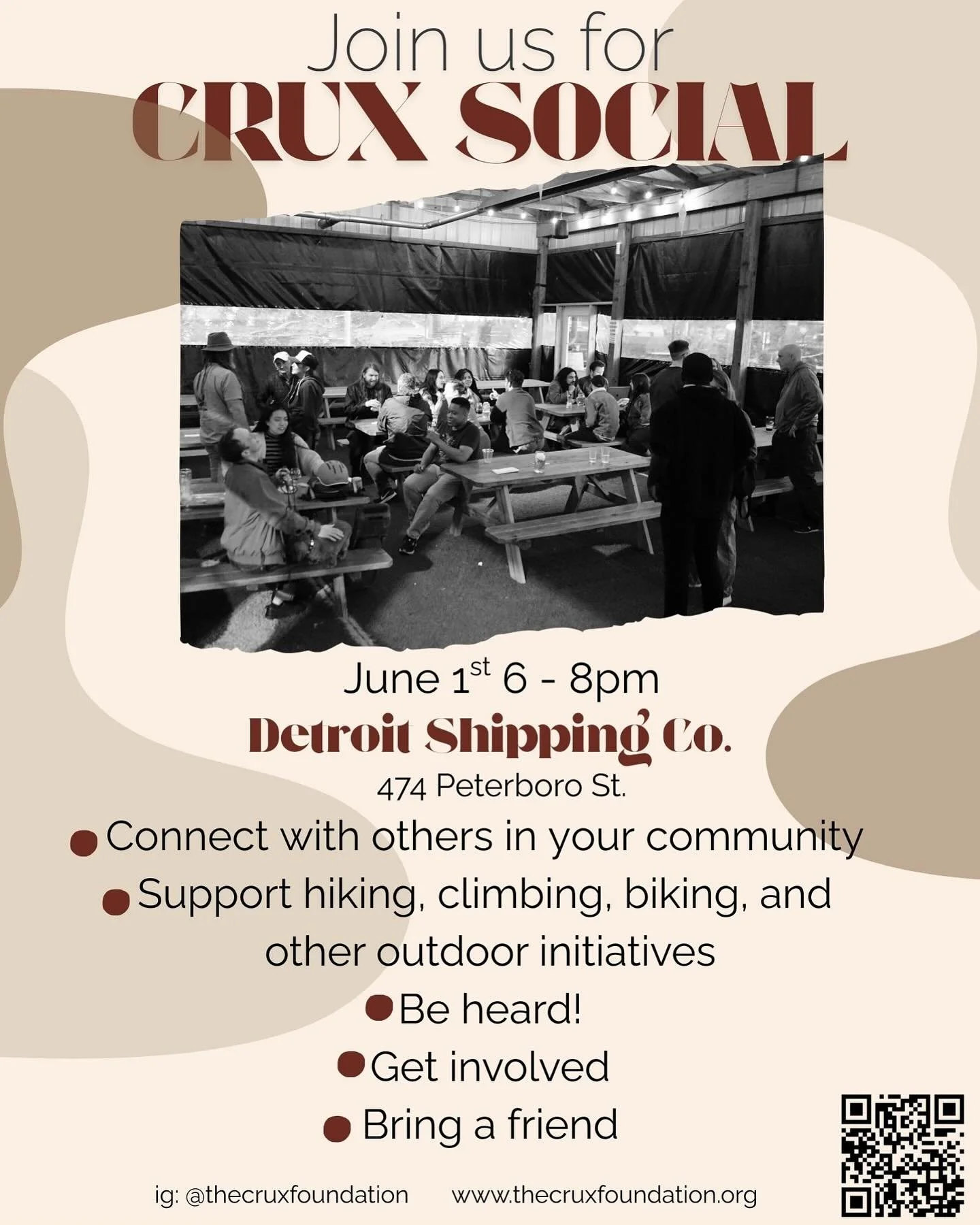 Join Us for the Next Crux Social at @detroit_shipping!

🗓️Sunday, June 1st | 6PM&ndash;8PM
📍Detroit Shipping Company &mdash; 474 Peterboro St

A space for community, conversation, and connection.

Whether you&rsquo;re passionate about the outdoors,