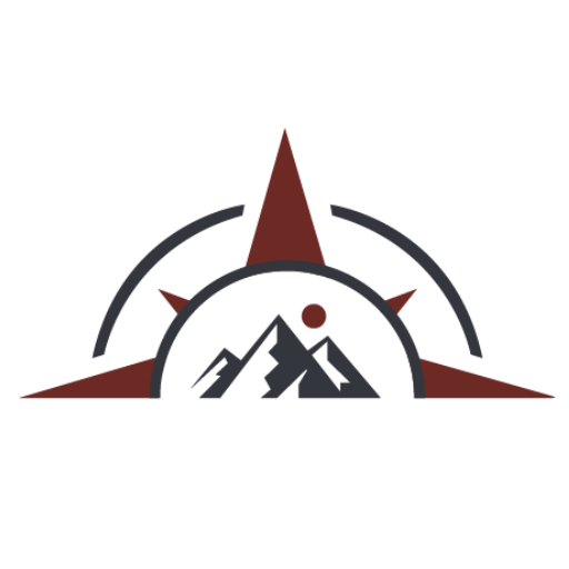 The Crux Foundation logo, a compass with mountain peaks and a rising sun