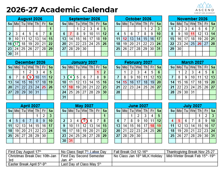 Academic calendar from August 2026 to July 2027, showing months, days, weekends, holidays, and breaks with color-coded markings.