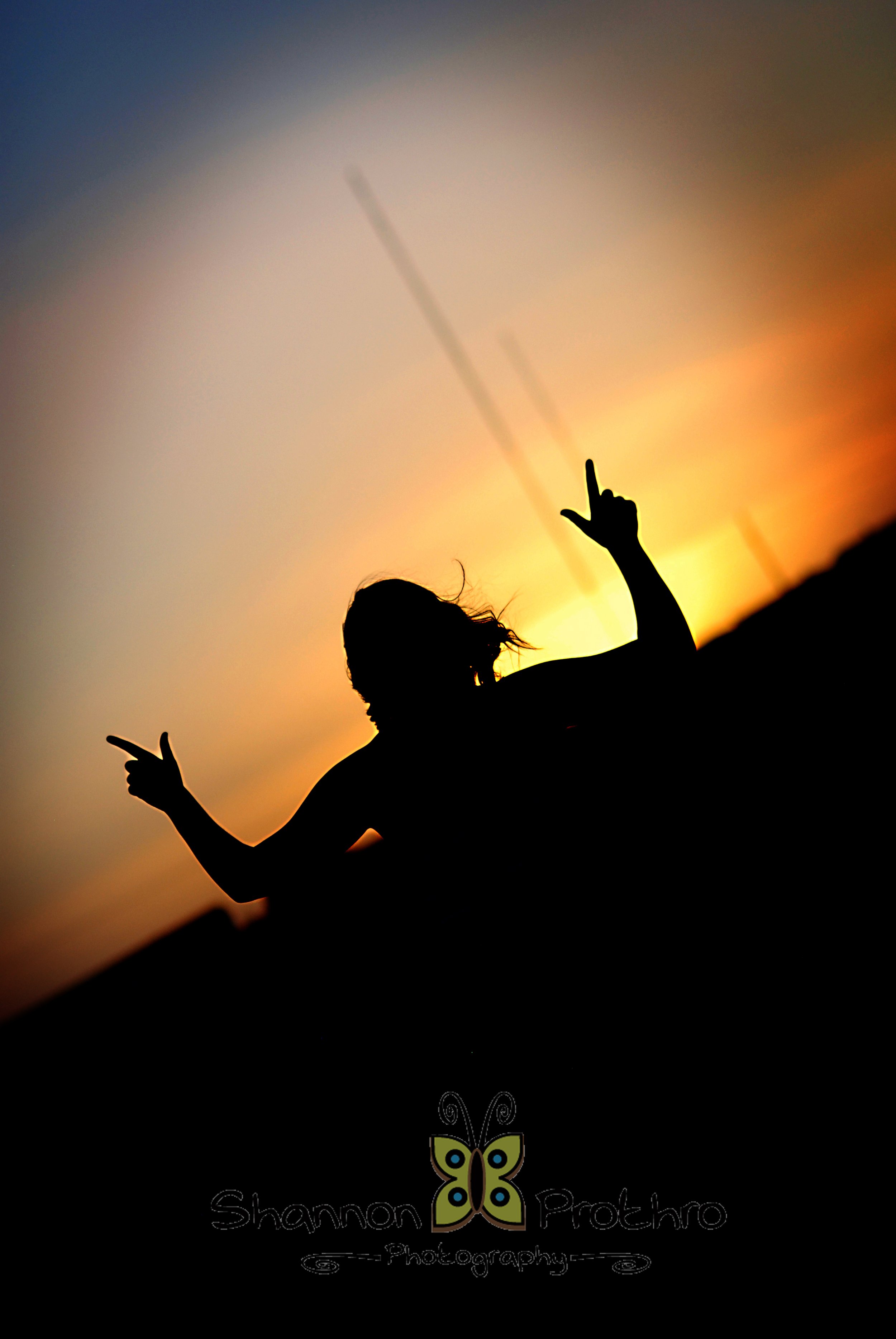 Silhouette of a person making peace and rock on gestures with their hands at sunset, with a gradient sky and faint clouds in the background.