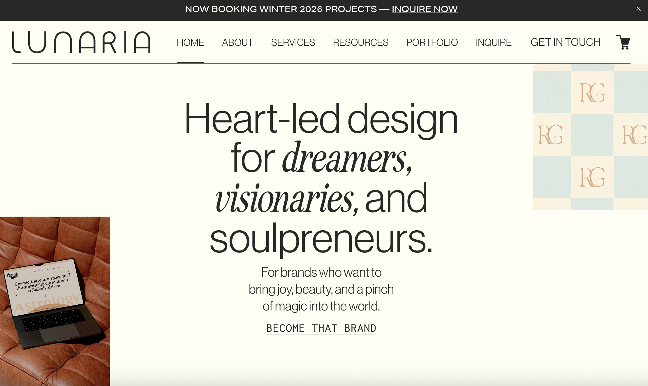 Screenshot of Lunaria Design Studio's Homepage. H1 header that reads, "Heart-led design for dreamers, visionaries, and soulpreneurs." Two photos on the bottom left and top right. 