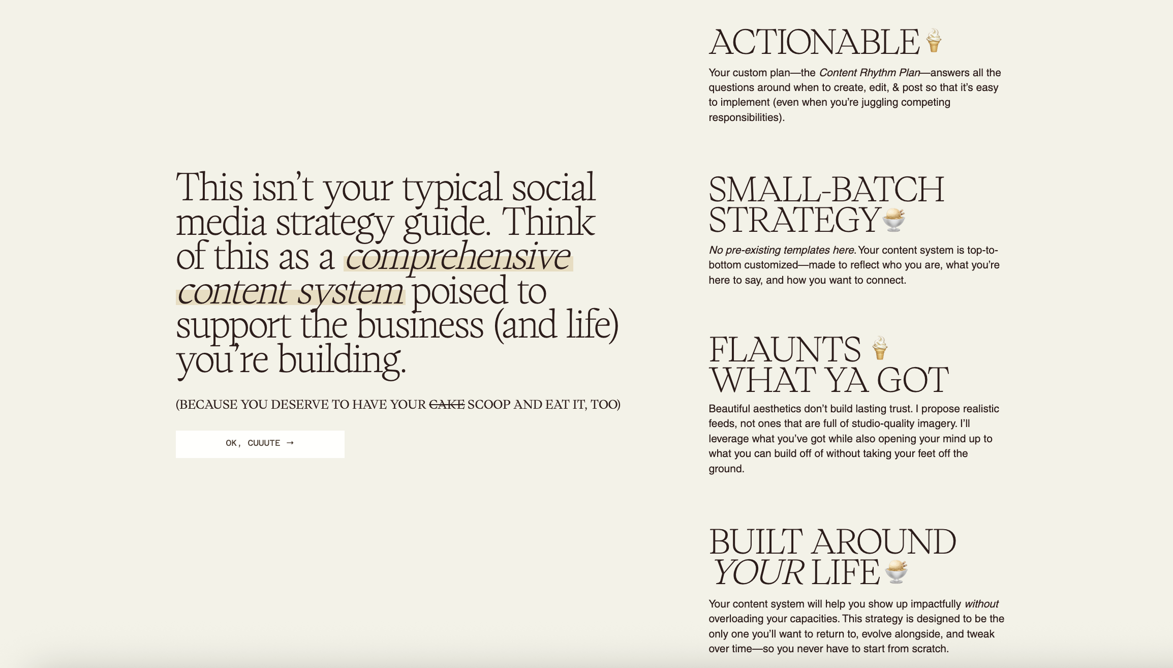 Screenshot of About Monday's Scoops Sales Page. Features H2 header with four paragraphs positioned on the right side. 