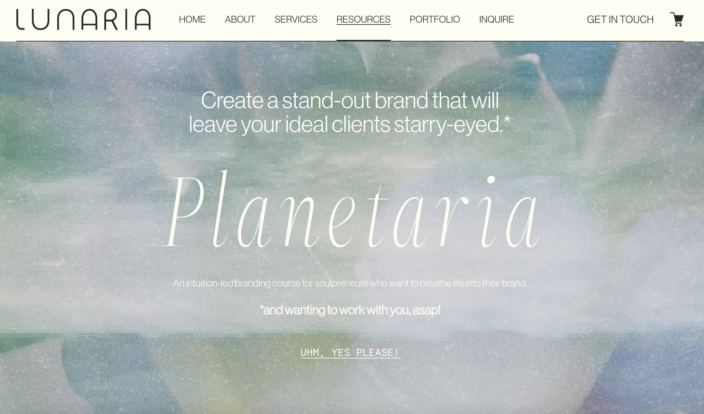 Screenshot of Lunaria Design Studio's Planetaria Sales Page. Featuring H1 header, body paragraph, and CTA button above the fold. Ethereal photo of light blue clouds at the top of the page. 