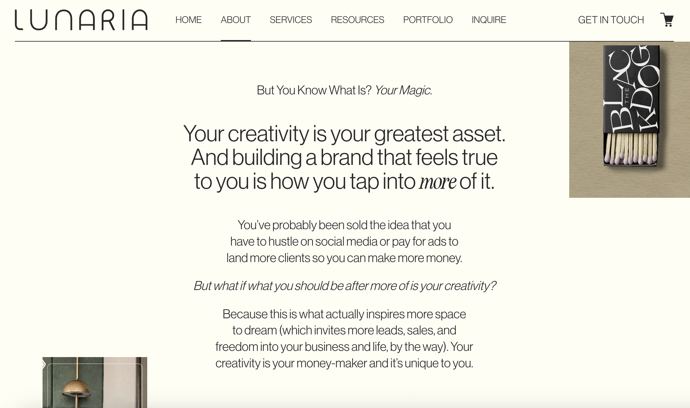 Screenshot of Lunaria Design Studio's Homepage. Featuring H2 header, two body paragraphs. Two photos on the bottom left and top right. 
