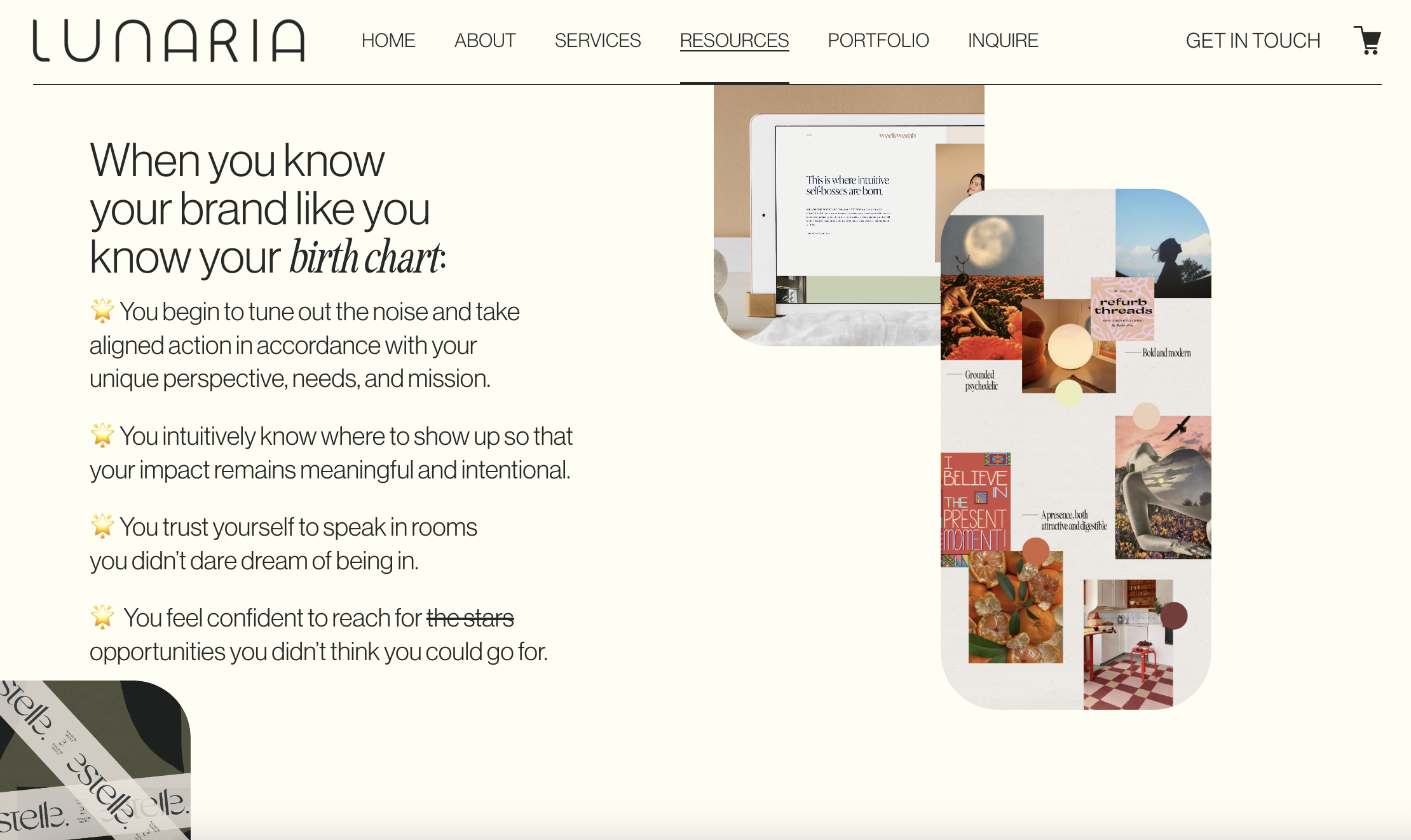Screenshot of Lunaria Design Studio's Services Page. Featuring H2 header, four bullet point paragraphs, and two mock-up design photos on right side of the page.
