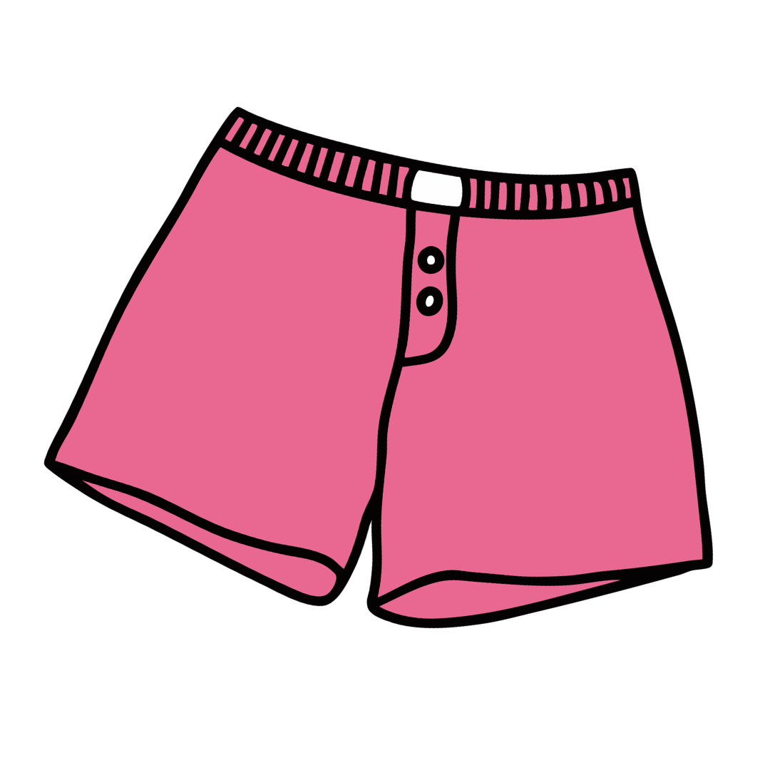 Pink shorts with a black and white waistband and button detail.