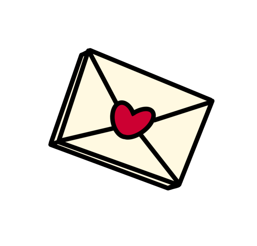 Illustration of white envelope and a red heart in the center, outlined in black..