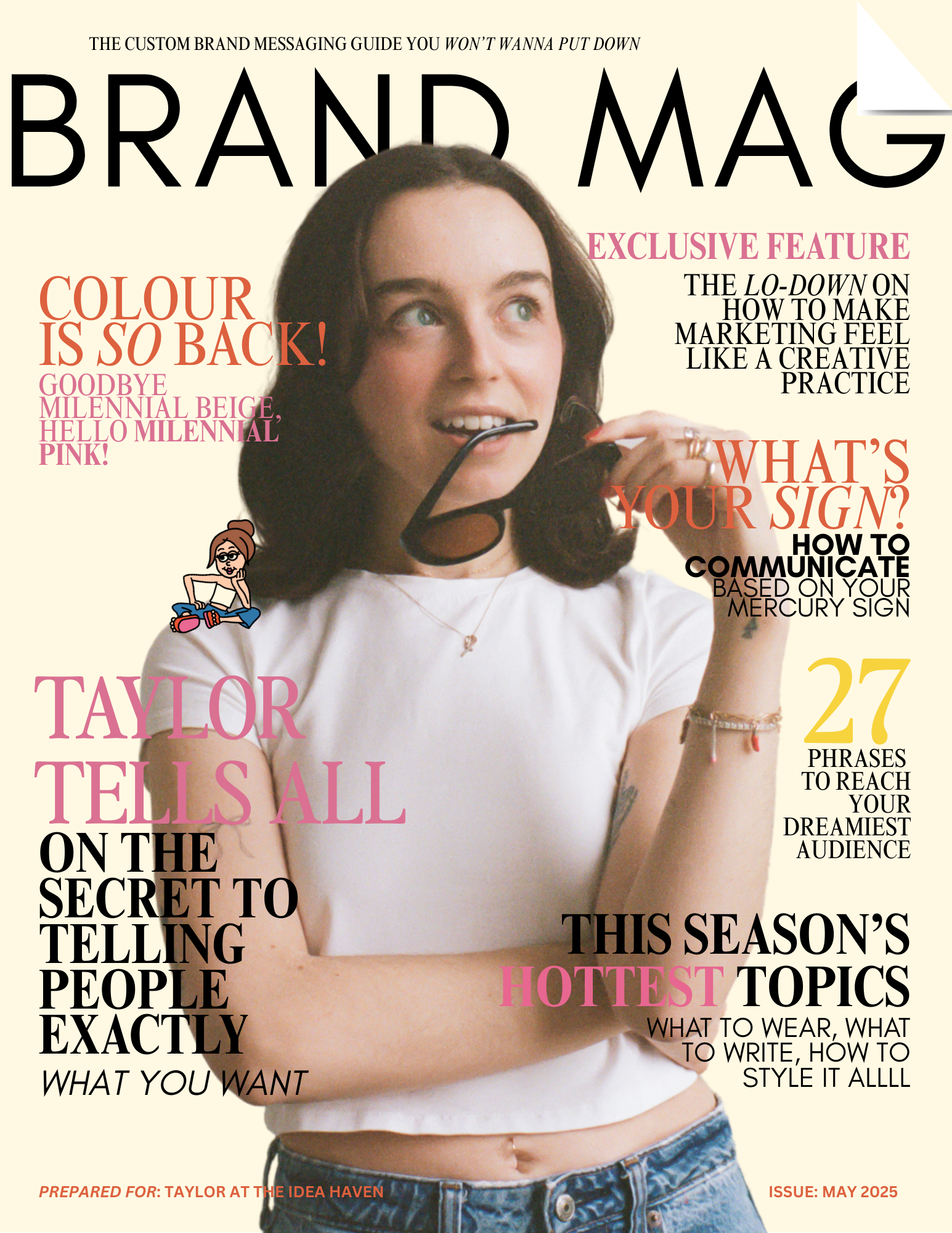 Cover of a magazine titled 'BRAND MAG' featuring a young woman with dark hair, wearing a white t-shirt and blue jeans, holding sunglasses near her face. The magazine includes headlines about marketing, personal expression, and season's fashion tips.