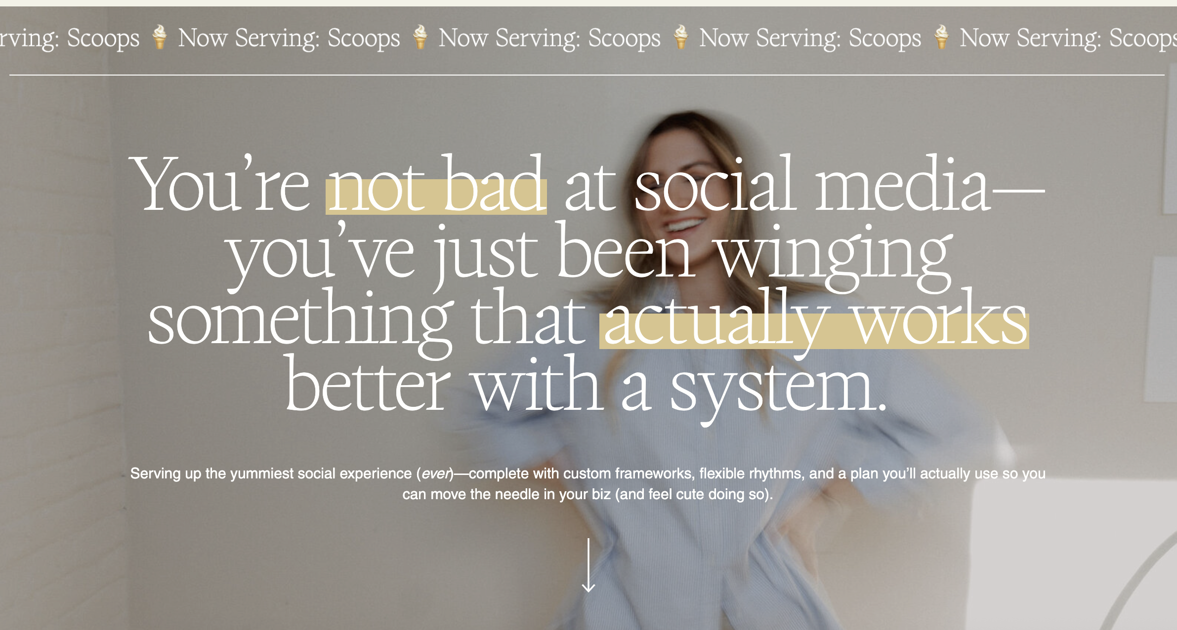 Screenshot of About Monday's Scoops Sales Page About the Fold. H1 header with a small paragraph below and a photo of a woman laughing in the background.