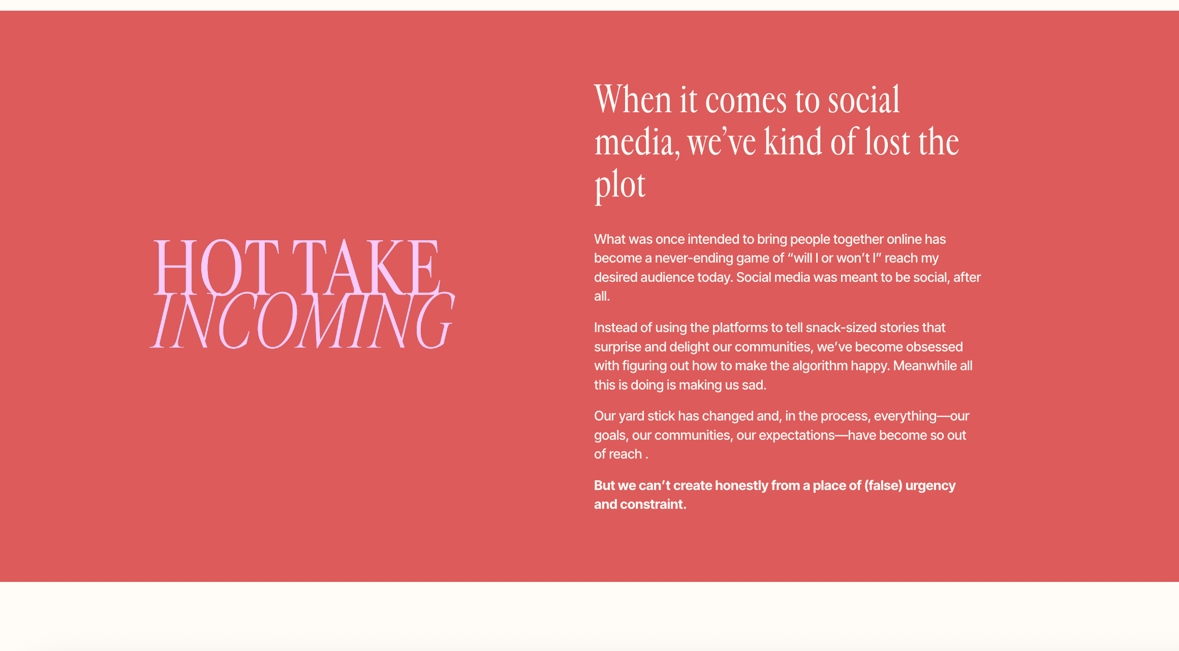 Screenshot of Embody Creative Co's homepage. Pink text on bright pink red background with the words "Hot Take Incoming" on the left, and a header and paragraph on the right.