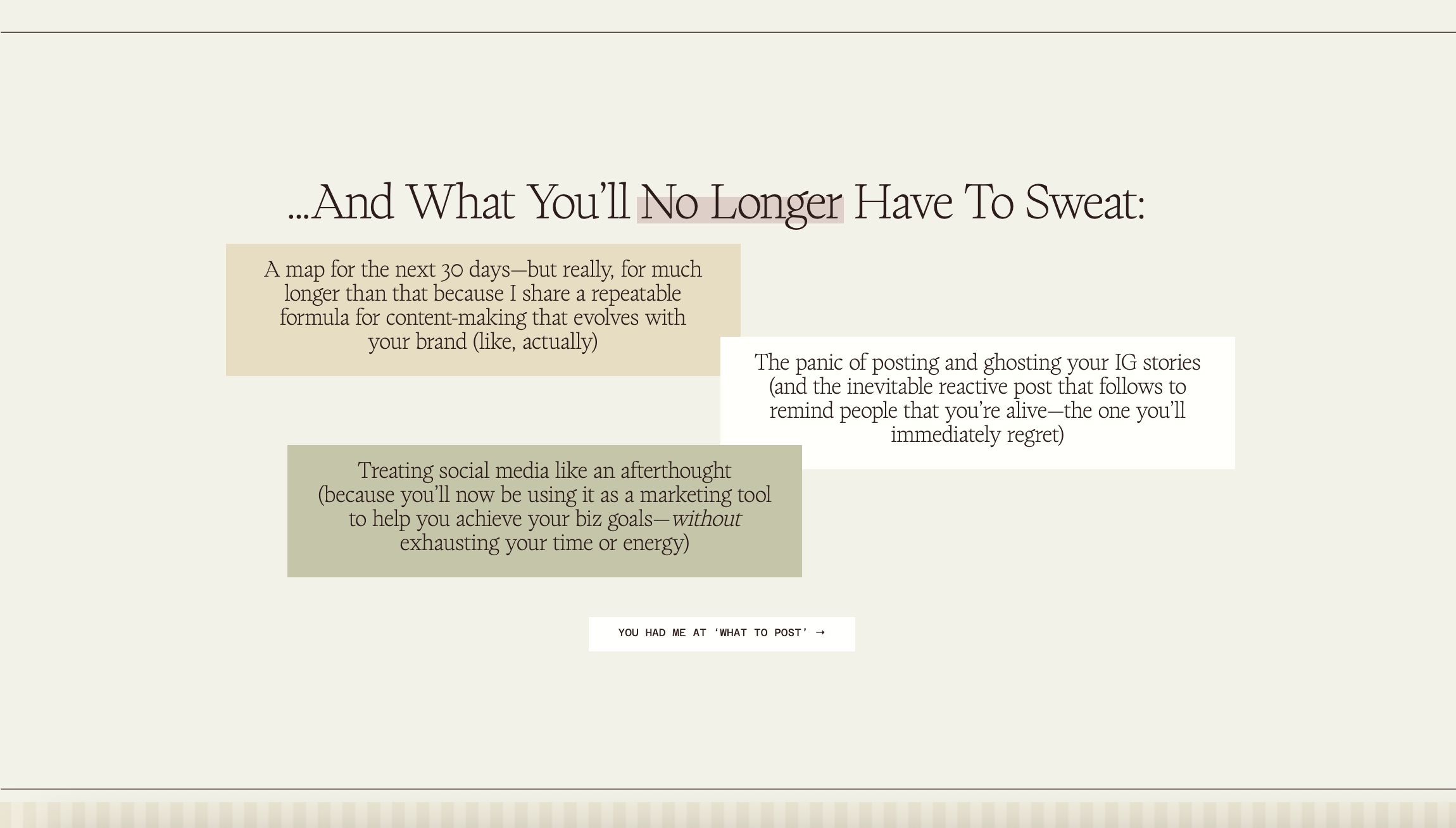 Screenshot of About Monday's Scoops Sales Page. Featuring H2 header with 3 colourful rectangle text boxes and a white CTA button on a light cream background.