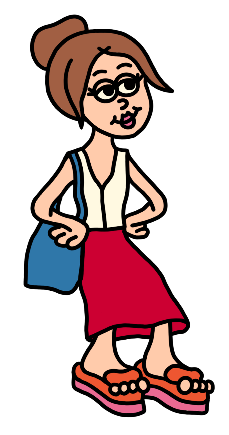 Cartoon illustration of Taylor standing with her hands on her hips. She has brown hair tied in a bun, wearing a white sleeveless vest, red skirt, flip-flops, and carrying a blue tote bag.