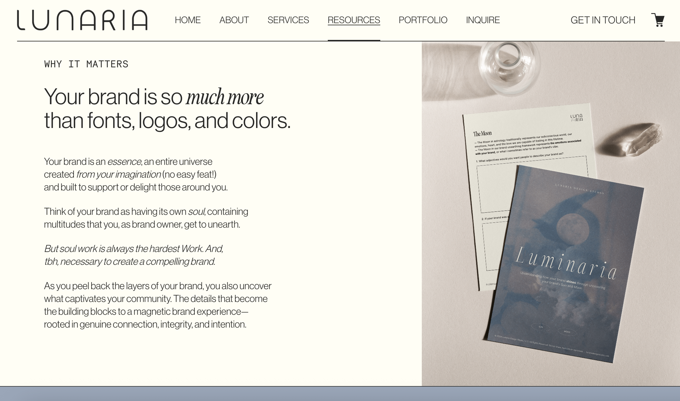Screenshot of Lunaria Design Studio's Homepage. Featuring H2 header, two body paragraphs, and a photo of design mock-up of the Luminaria workbook on the right side of the page.