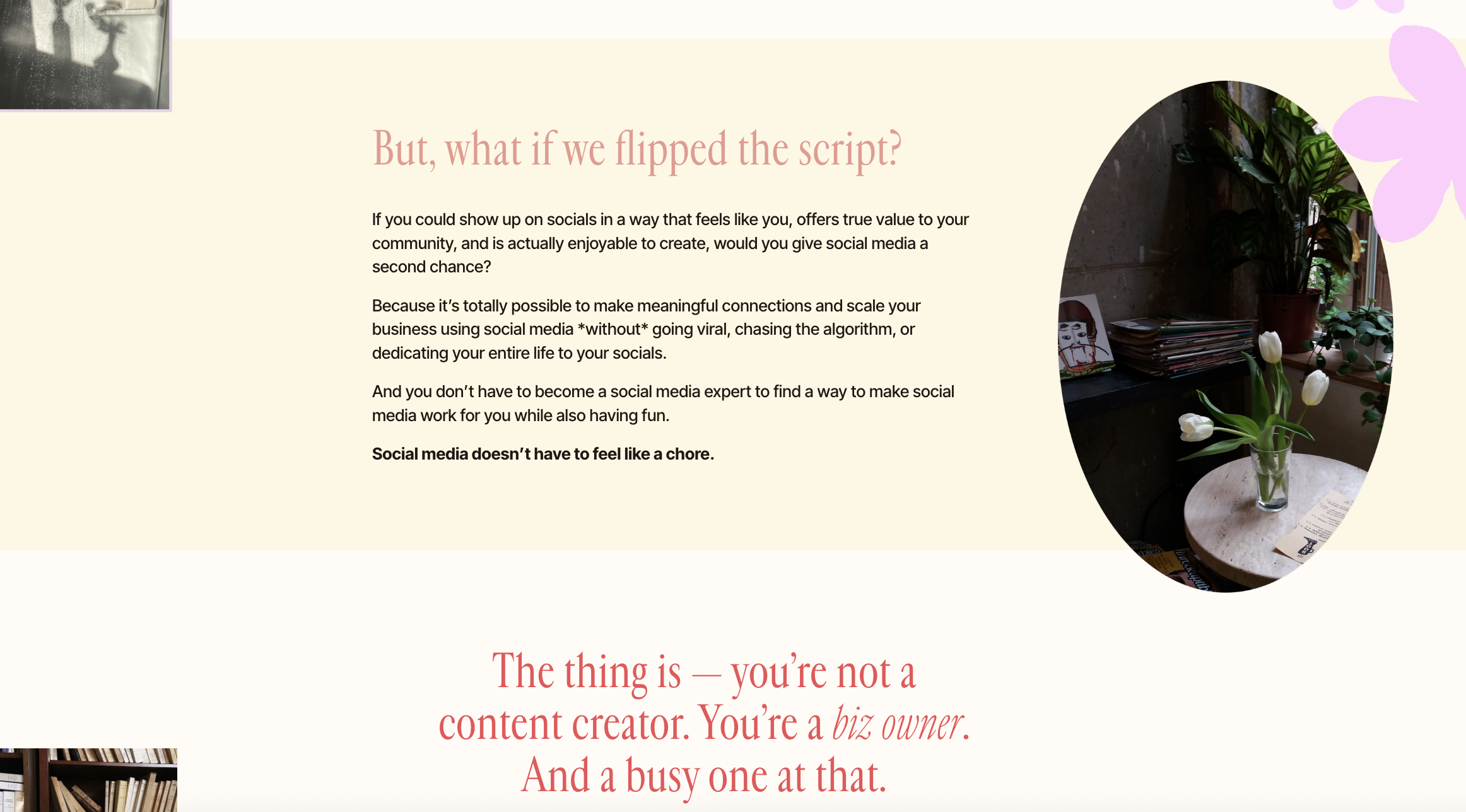 Screenshot of Embody Creative Co.'s homepage. Features header text in red with a paragraph and photo of a table and tulips in an oval frame.