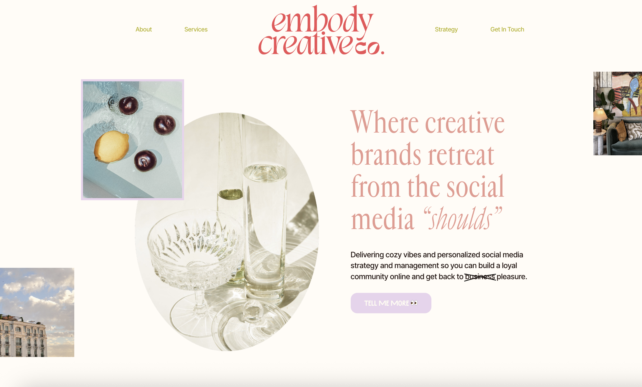 Screenshot of Embody Creative Co. Homepage. Above the Fold text that reads, "where creative brands retreat from the social media 'shoulds'" with a small paragraph and purple CTA button below.