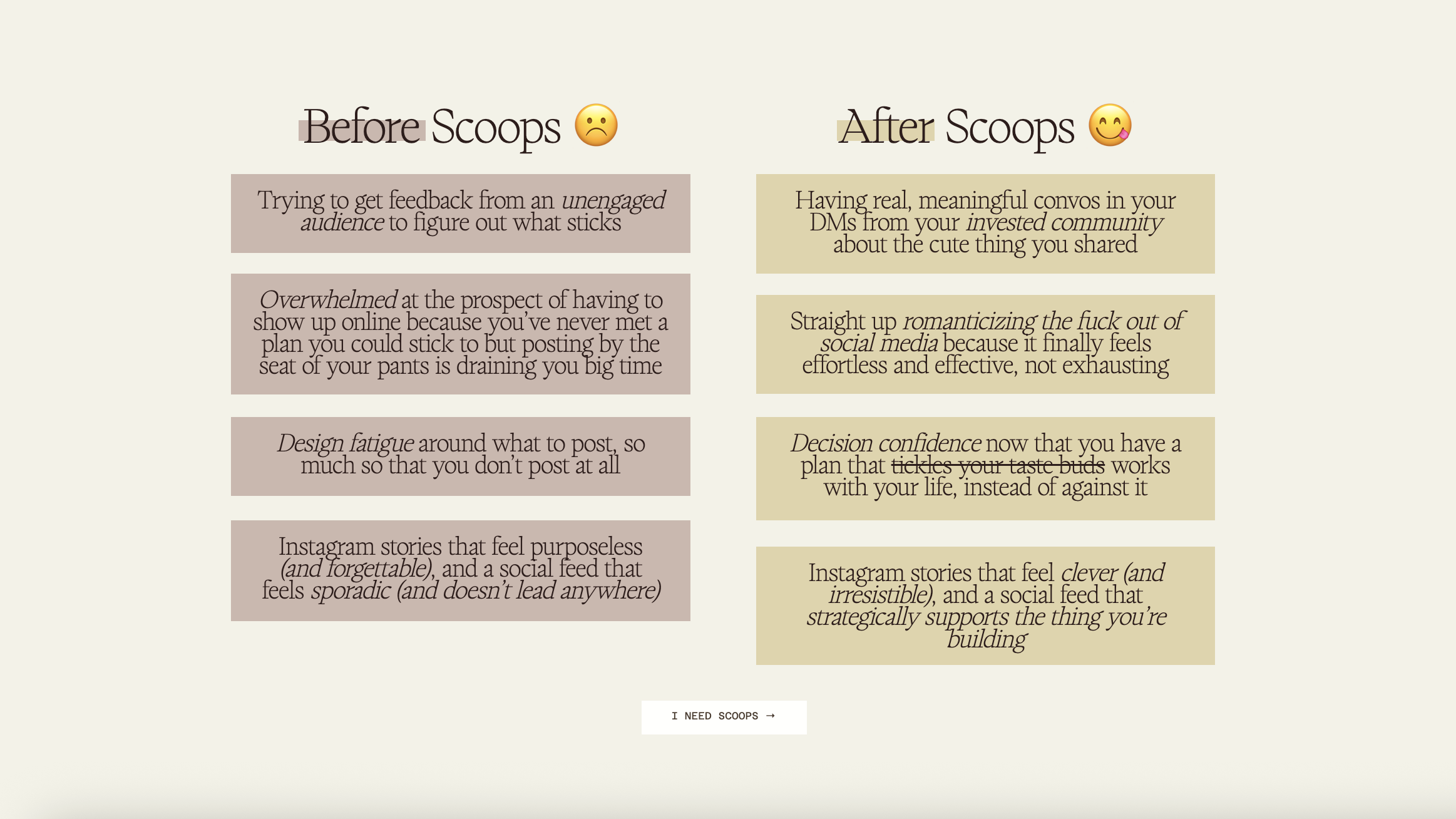 Screenshot of About Monday's Scoops Sales Page. Featuring two columns, each with an H2 header and four colourful rectangle text boxes, and a white CTA button below on a light cream background. 