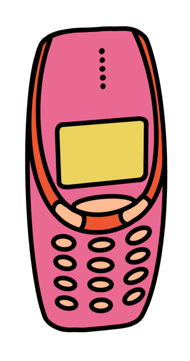 Cartoon Illustration of a pink mobile phone with a light green screen, peach keypad, and orange detailing.