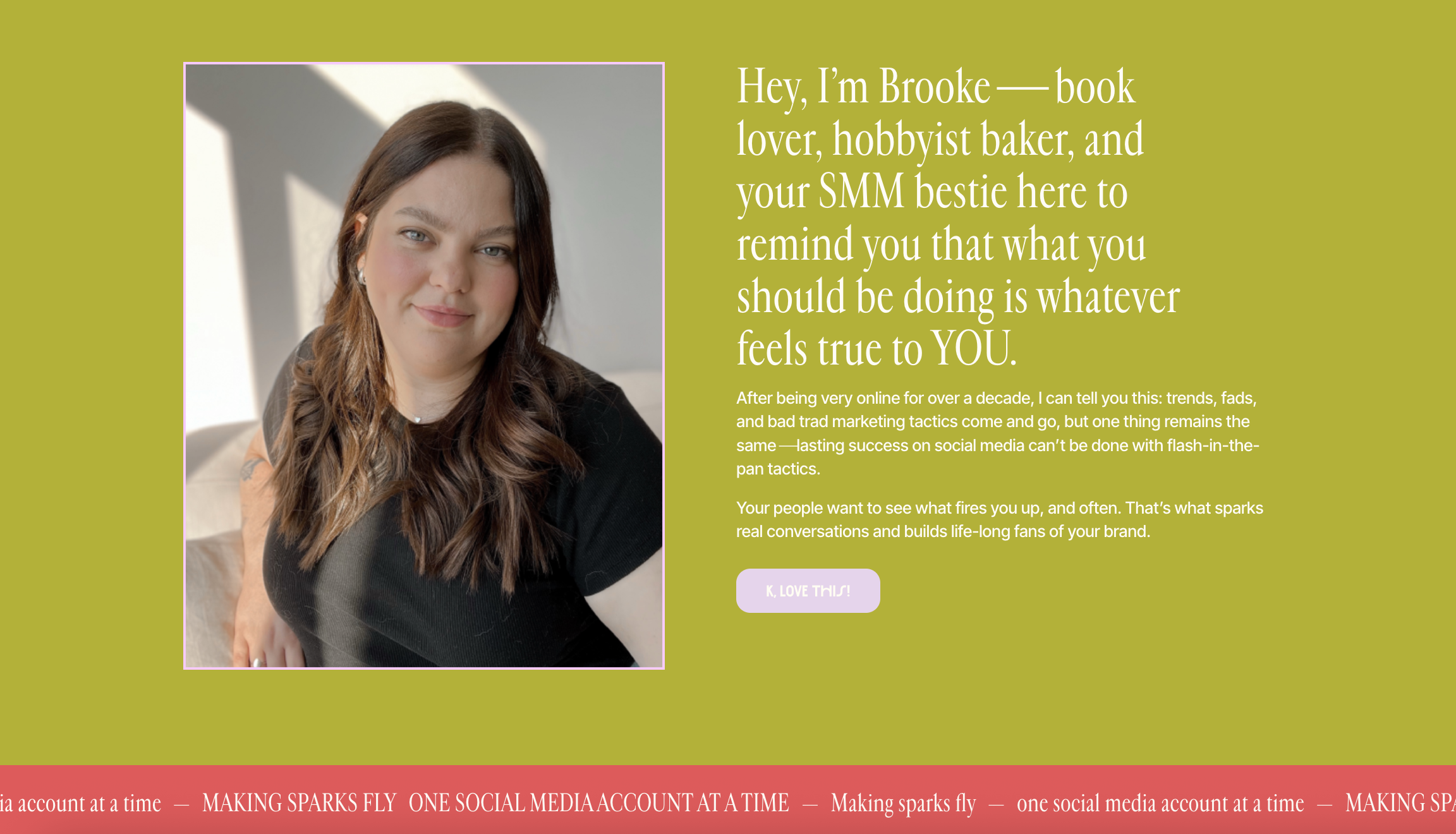 Screenshot of Embody Creative Co.'s homepage. Mini About section with girl with brown hair on left side, and a header, two short paragraphs, with a purple cta button. Red marquee scrolling at the bottom.