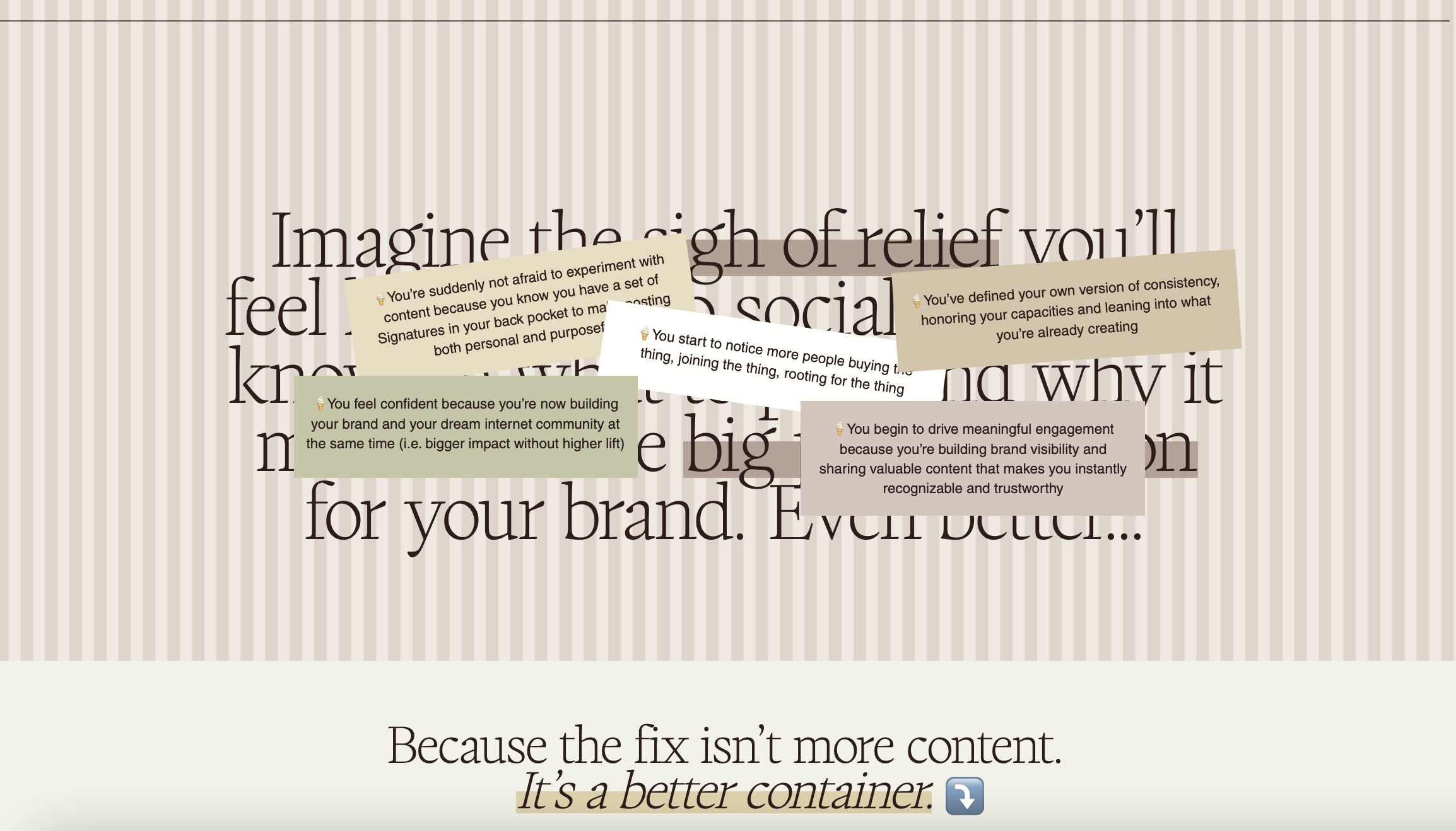 Screenshot of About Monday's Scoops Sales Page. Features light and dark plum striped background with ones an H1 header and 5 rectangle boxes with text overlaid the header. Bottom of screenshot features text and a down arrow. 