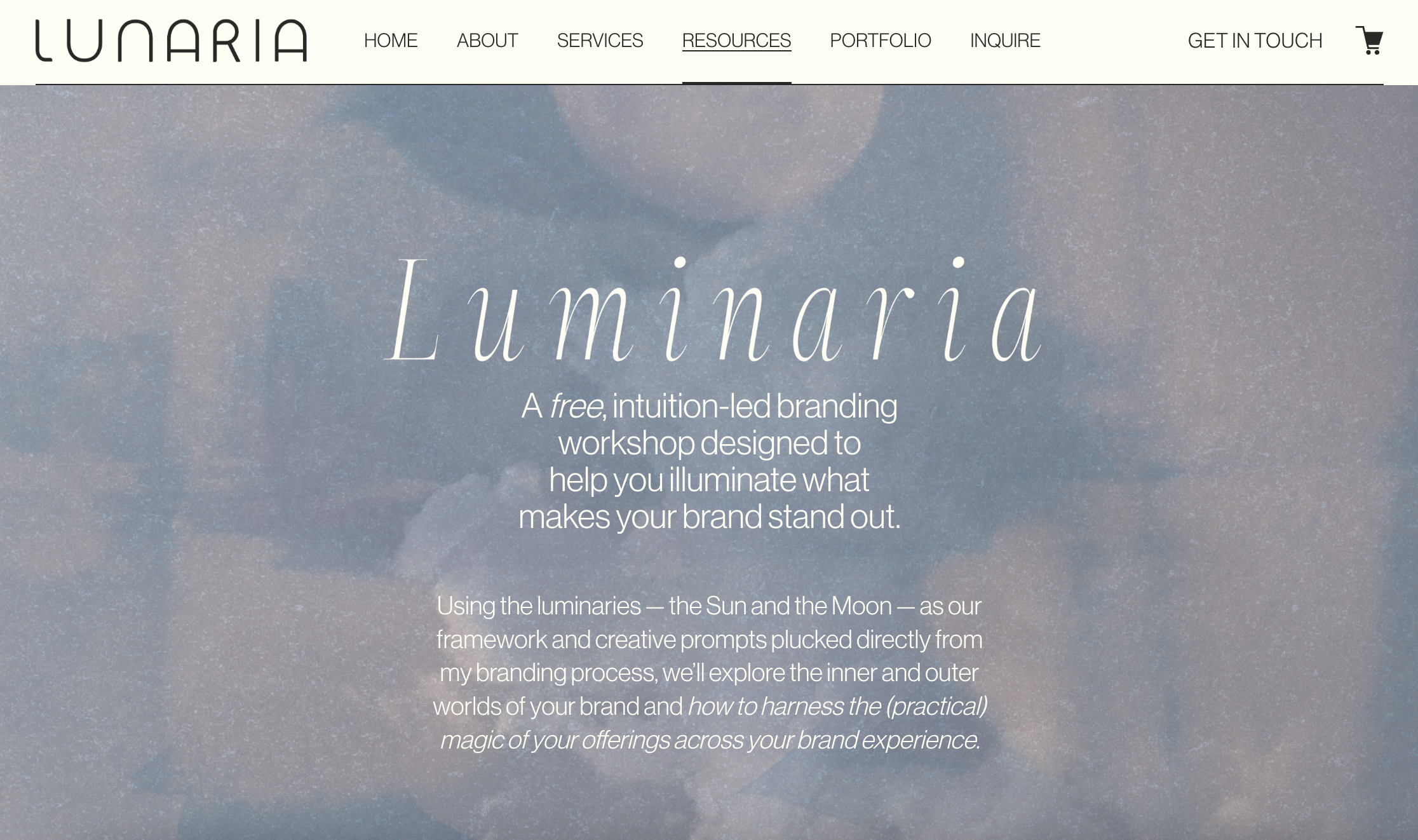 Screenshot of Lunaria Design Studio's Luminaria Landing Page. Featuring H1 header, body paragraph, and CTA button above the fold. Ethereal photo of light blue clouds at the top of the page. 