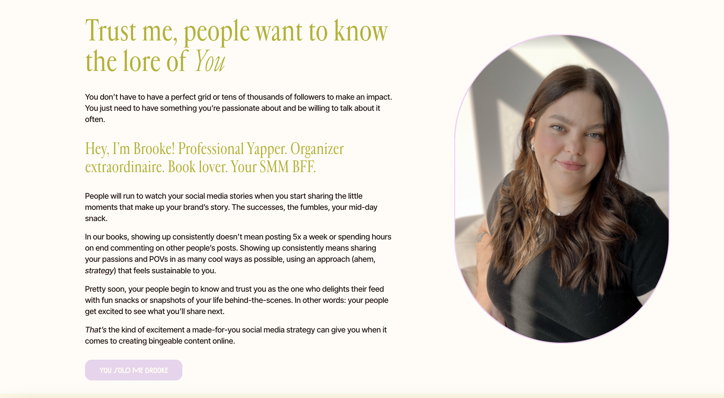 Screenshot of website copy done for past client, Brooke, of Embody Creative Co. 7 shot paragraphs with a purple CTA button and a photo of girl with brown brain in an oval frame on the right side of the page.