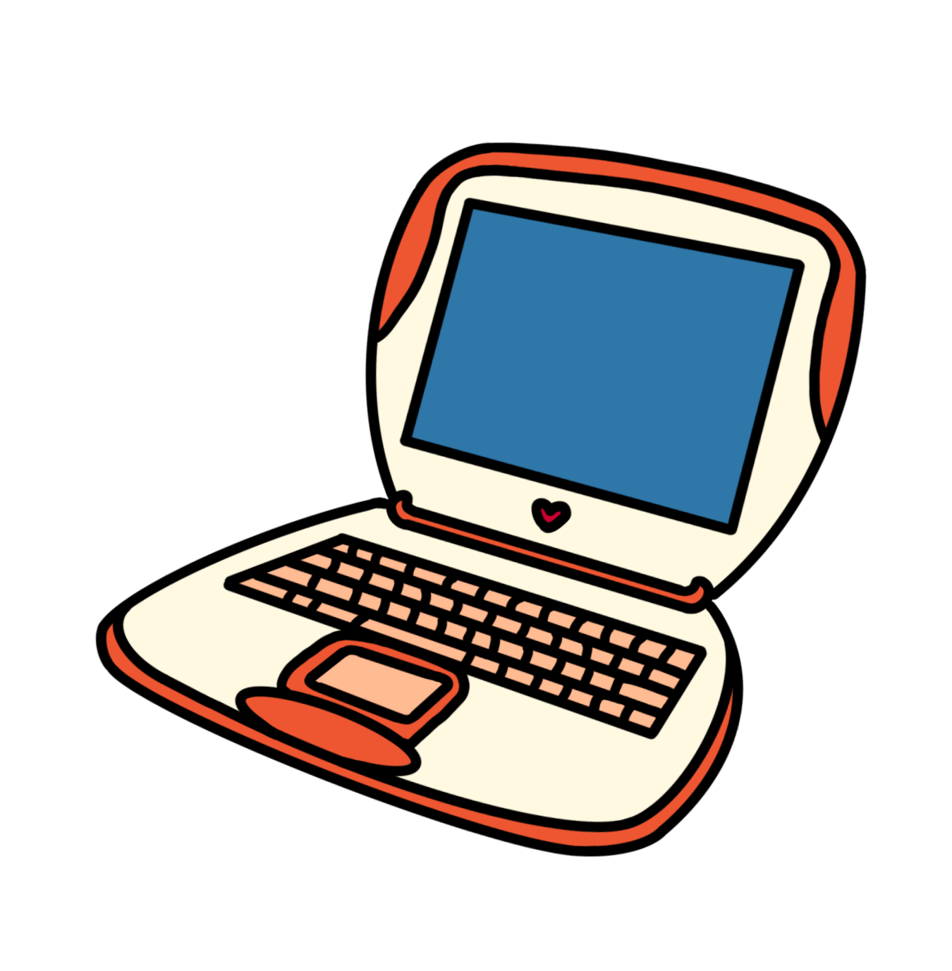 Cartoon illustration of a vintage laptop with an orange shell, blue screen, heart-shaped detail below the display, and an peach keyboard outlined in black.