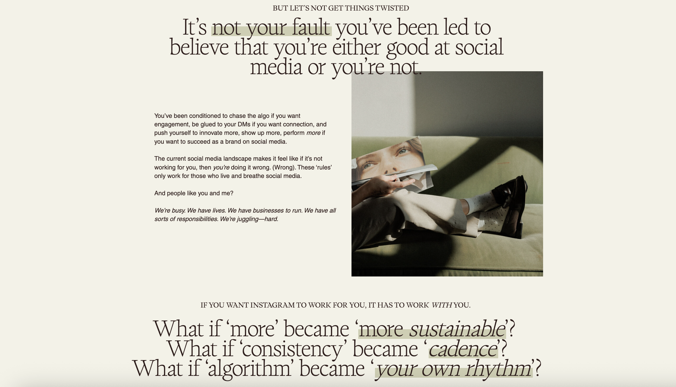 Screenshot of About Monday's Scoops Sales Page. Features H2 header with a paragraph below and another H2 header below. Right side includes a photo of someone sitting on a green couch. 