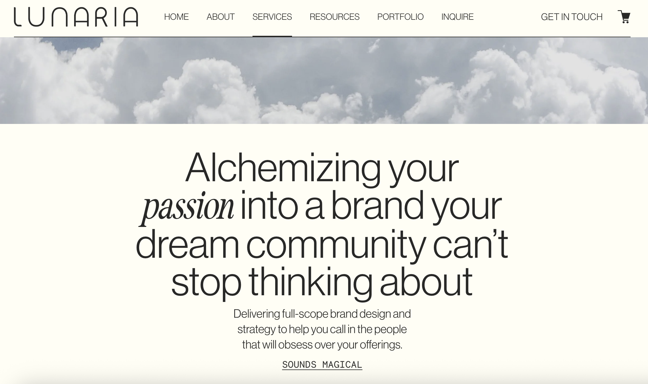 Screenshot of Lunaria Design Studio's Services Page. Featuring H1 header, body paragraph, and CTA button above the fold. Ethereal photo of light blue clouds at the top of the page. 