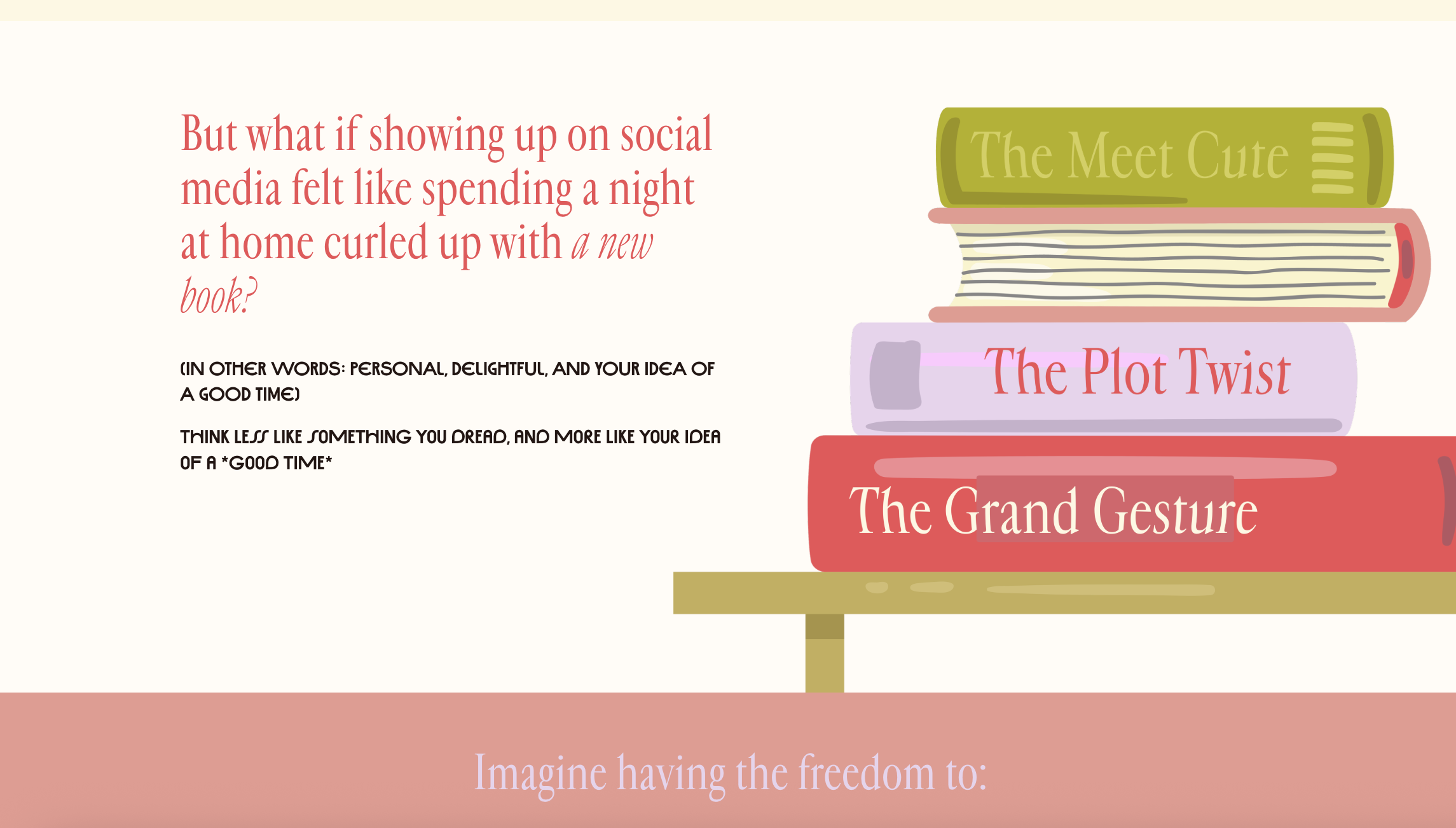 Screenshot of Embody Creative Co.'s Services Page. Red header title with two short paragraphs below on left side of page. Illustration of four books on a green table with the names of Services on spines of three books. Fourth book is facing opposite 