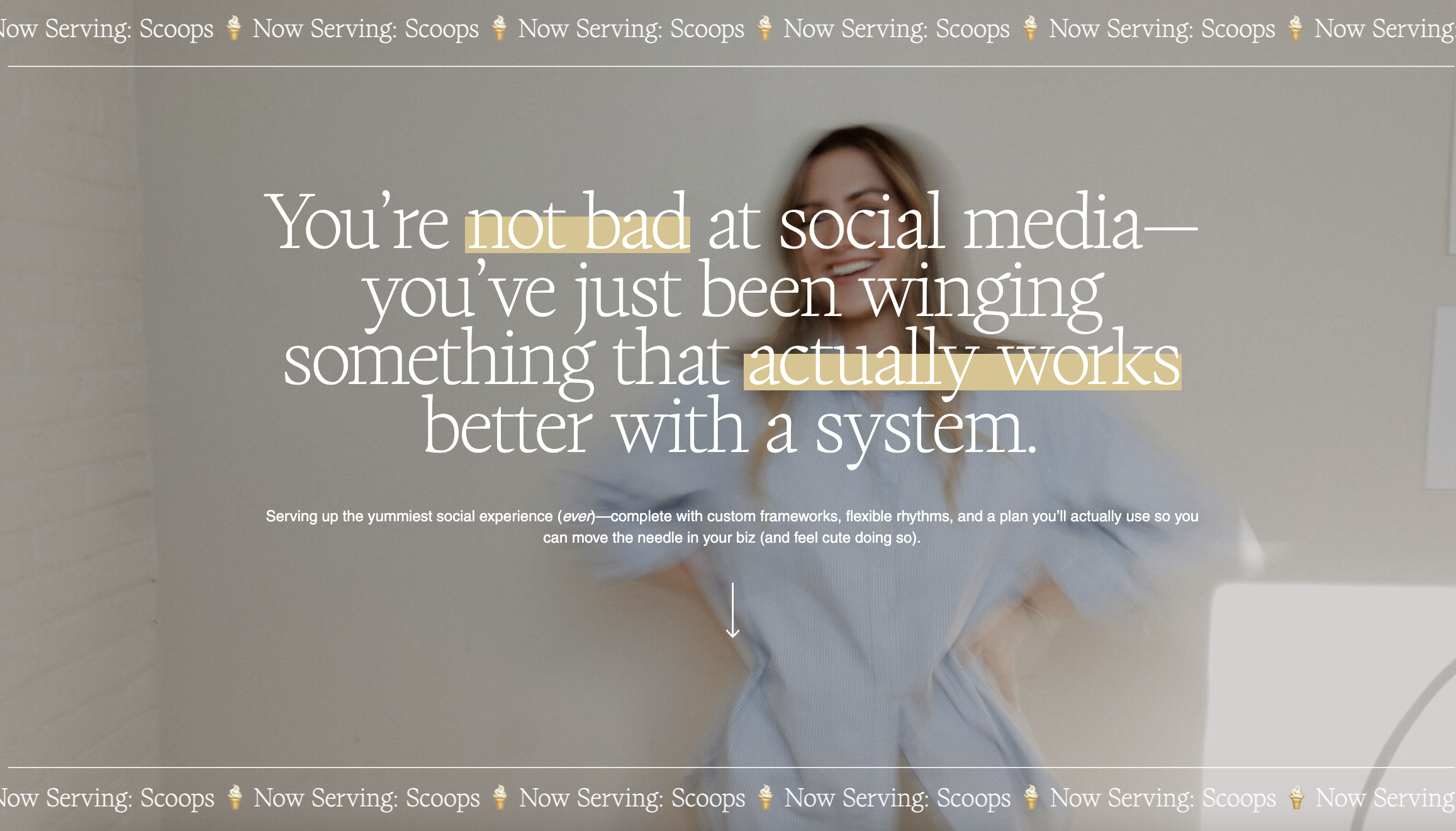 Screenshot of About Monday's Scoops Sales Page About the Fold. H1 header with a small paragraph below and a photo of a woman laughing in the background.